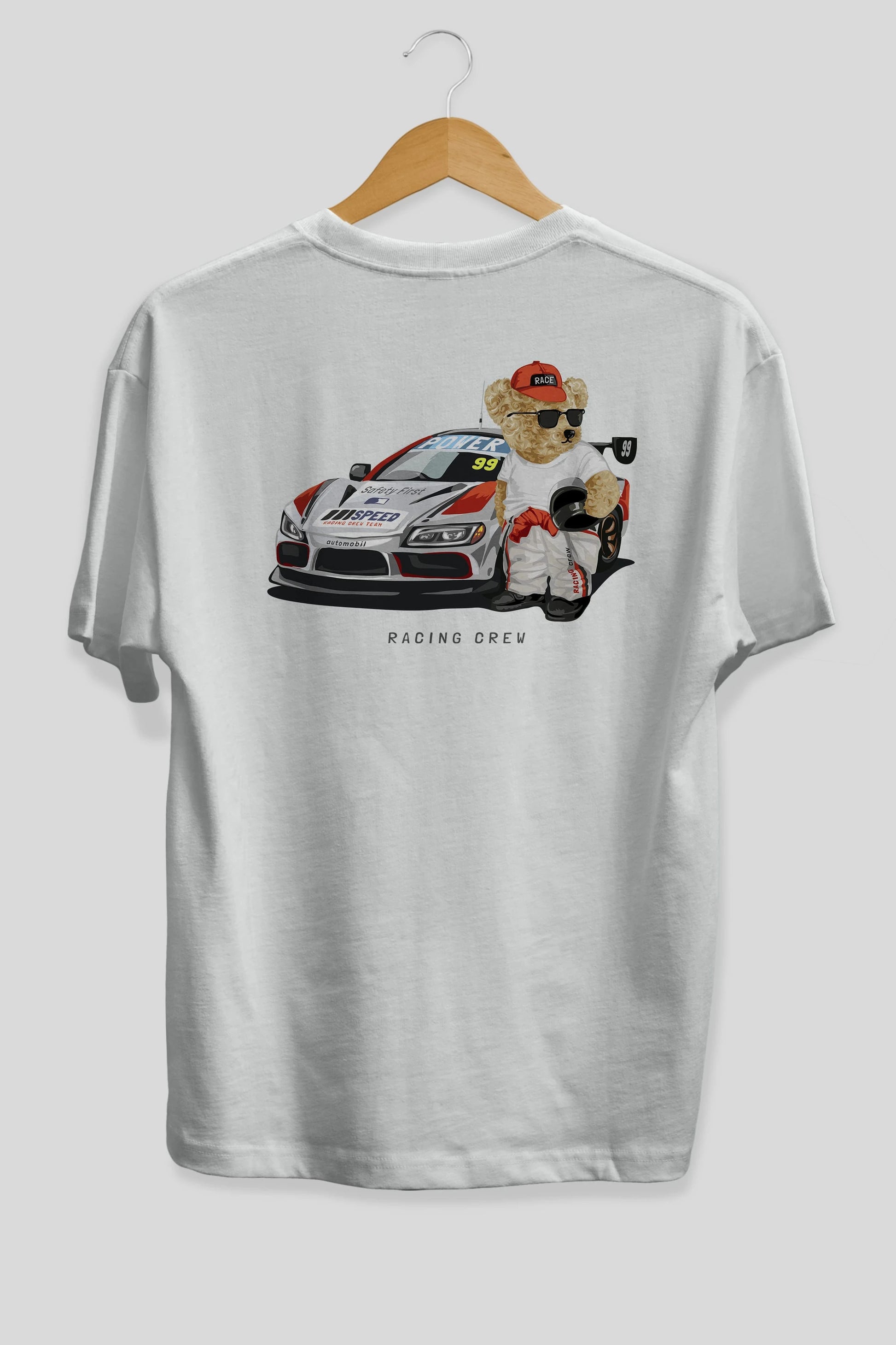 Teddy Bear Racing Crew Arka Baskılı Oversize t-shirt Erkek Kadın Unisex %100 Pamuk