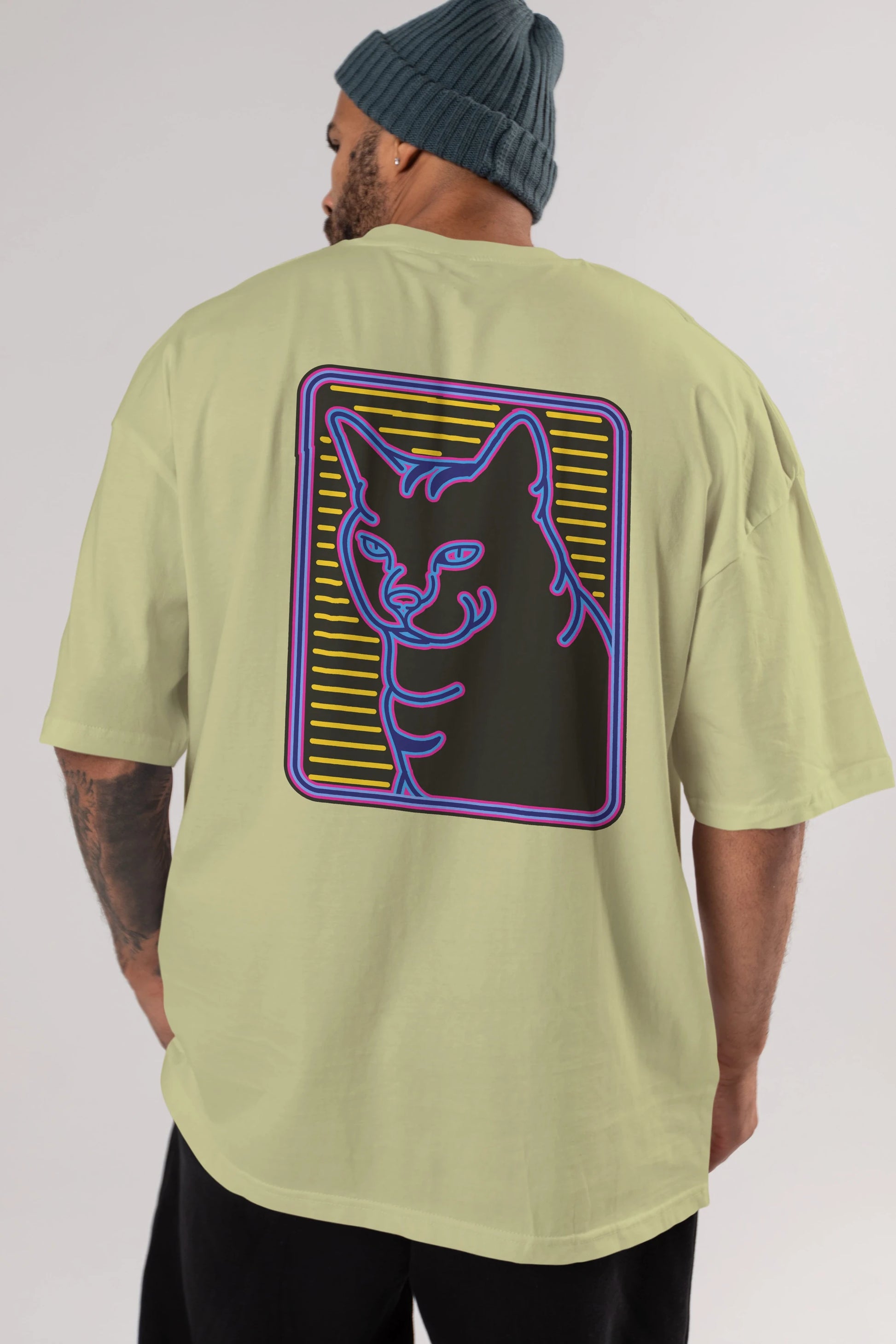 Neon Cat Arka Baskılı Oversize t-shirt Erkek Kadın Unisex