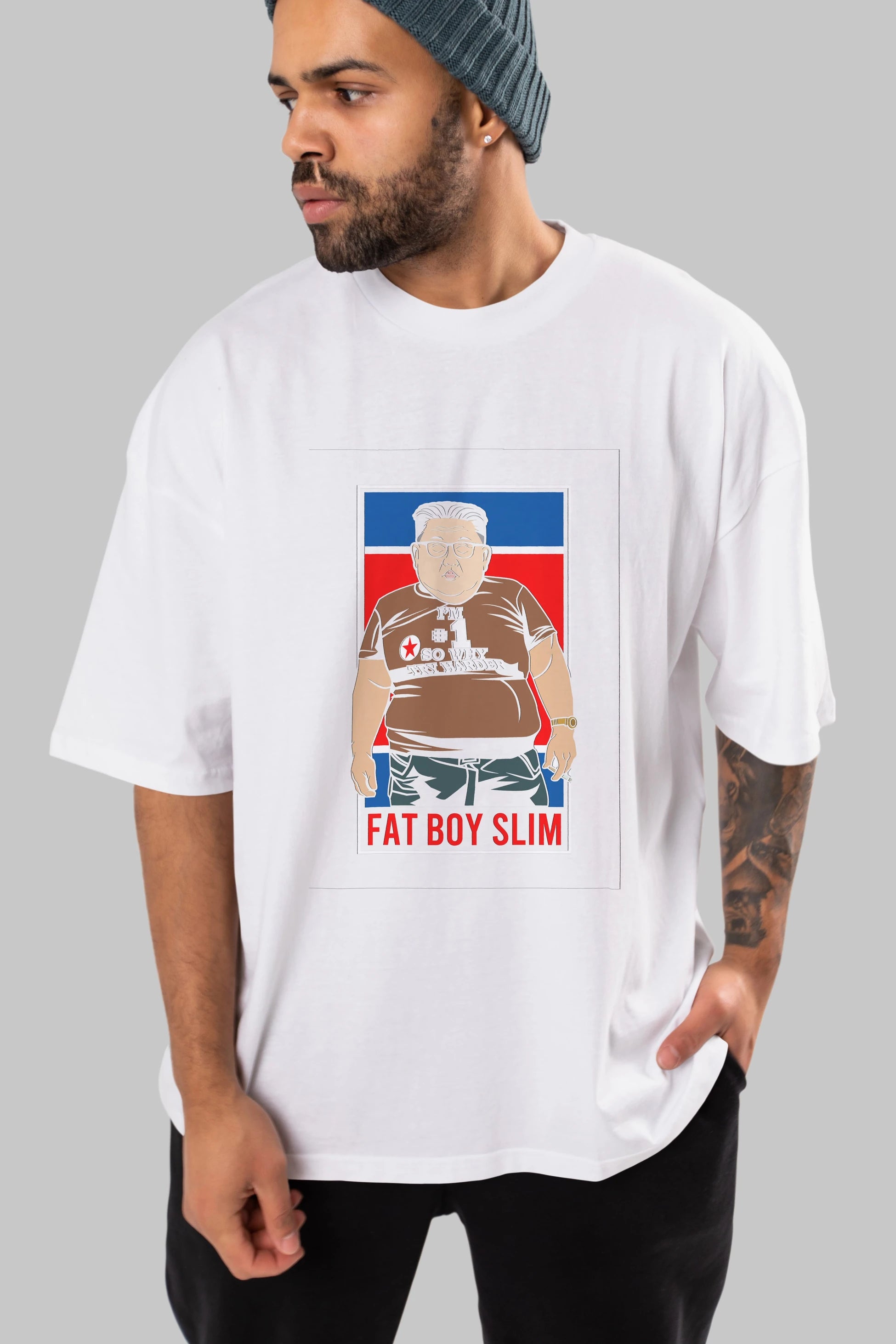 Fat Boy Slim Kim Jong Un Ön Baskılı Oversize t-shirt Erkek Kadın Unisex %100 Pamuk tişort