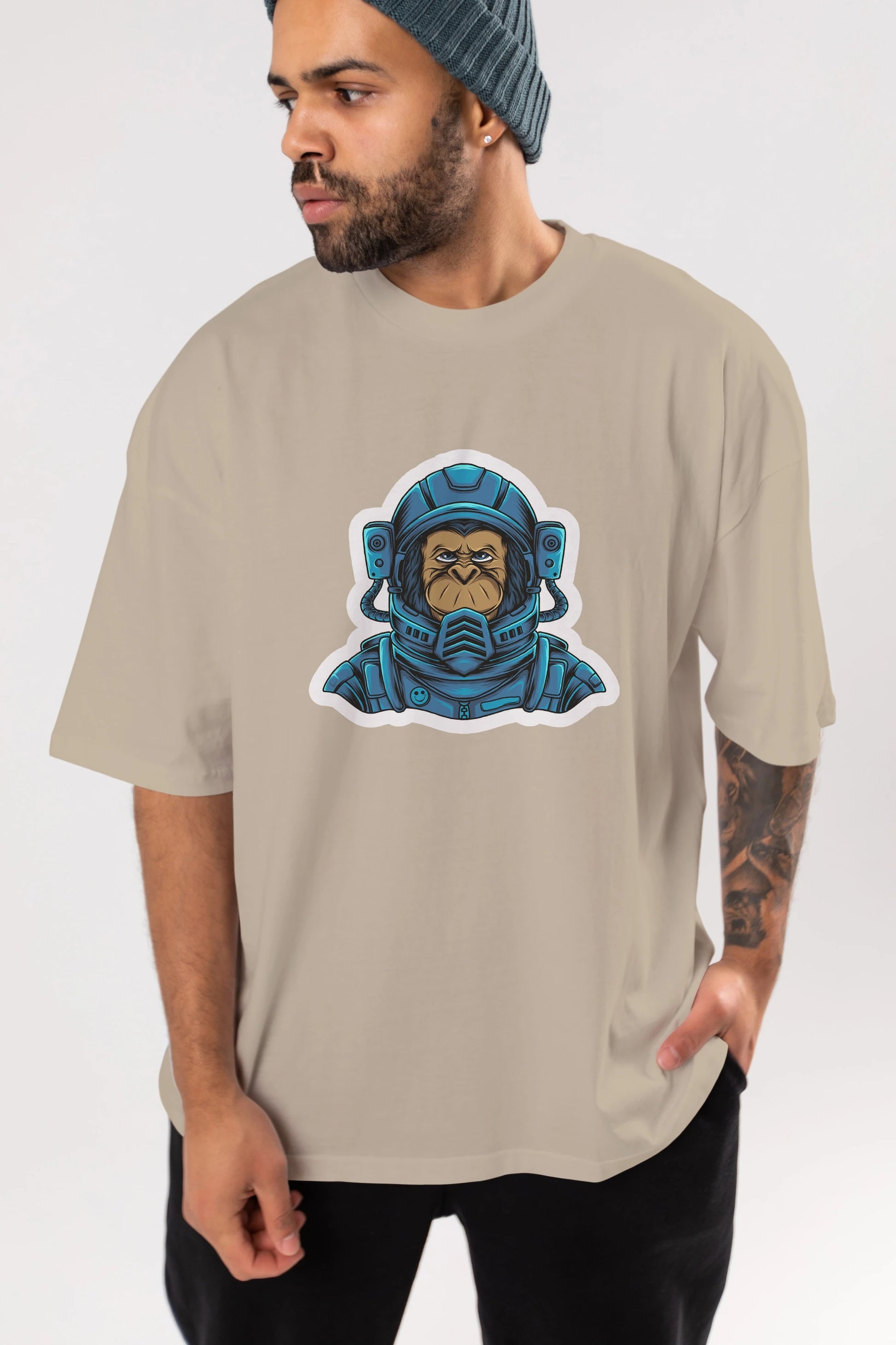 Astromonkey Sticker Ön Baskılı Oversize t-shirt Erkek Kadın Unisex