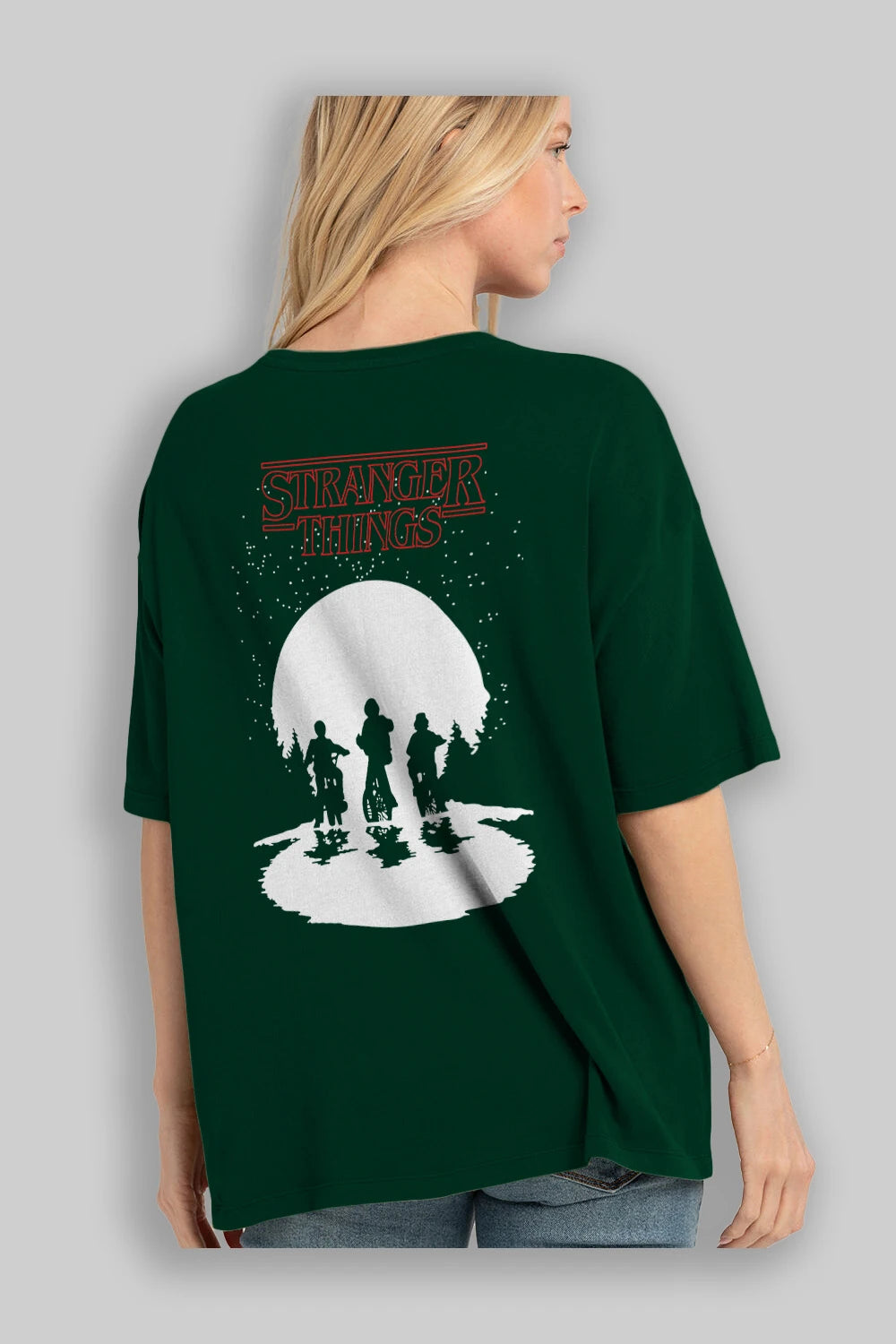 Stranger Things Arka Baskılı Oversize t-shirt Erkek Kadın Unisex %100 Pamuk Bisiklet Yaka tişort