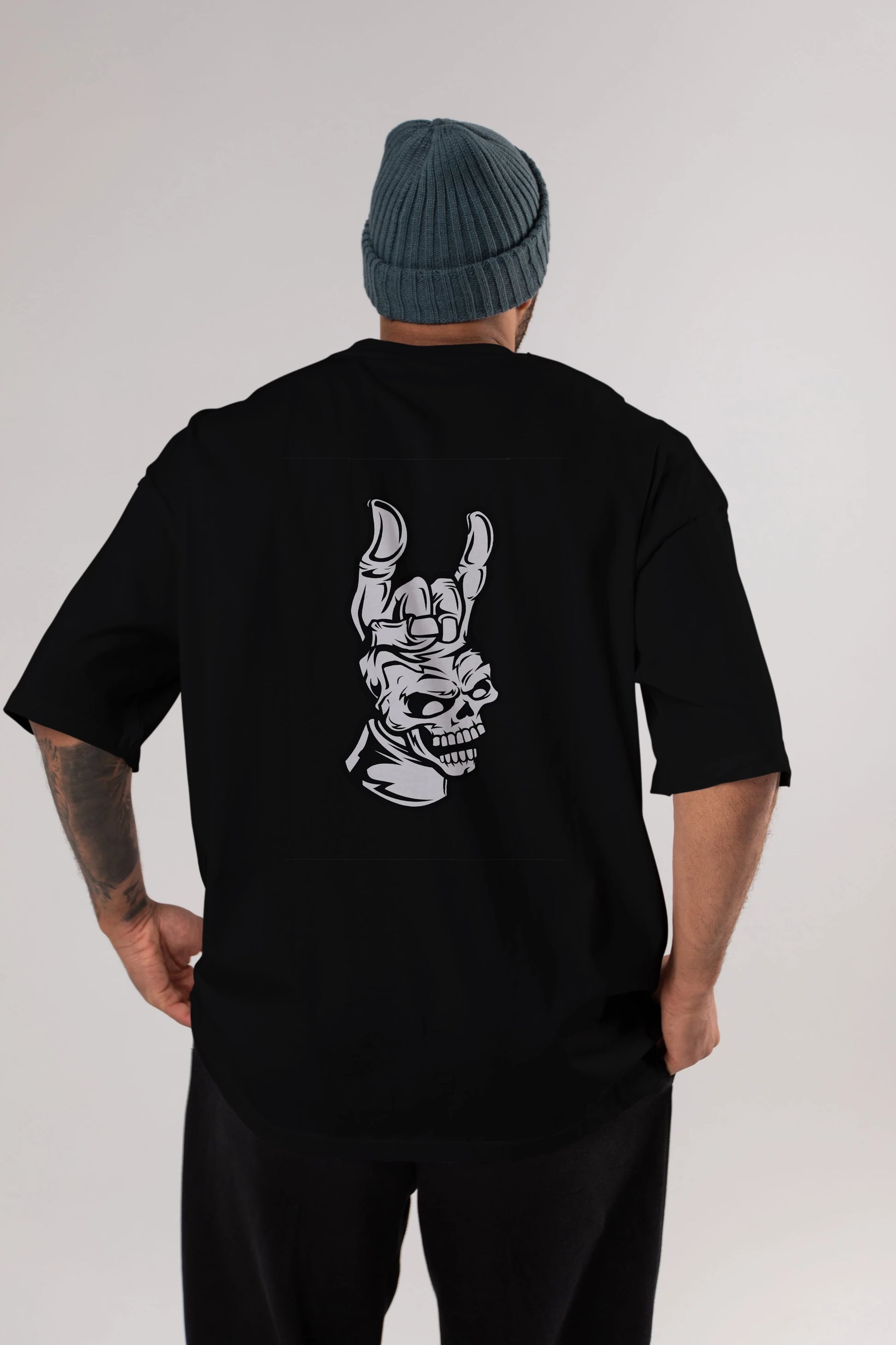 Hand Metal Skull Arka Baskılı Oversize t-shirt Erkek Kadın Unisex %100 Pamuk tişort