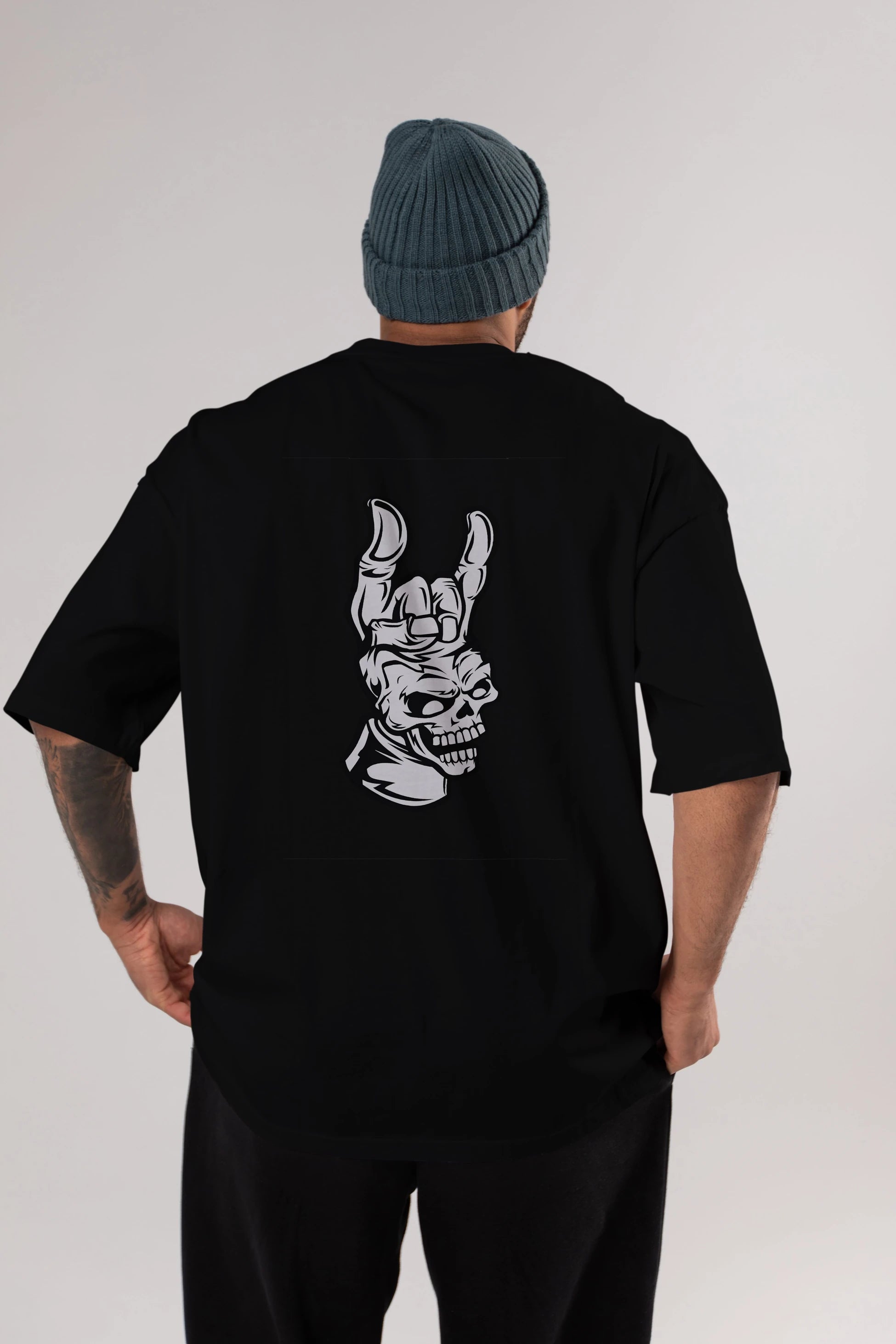 Hand Metal Skull Arka Baskılı Oversize t-shirt Erkek Kadın Unisex %100 Pamuk tişort