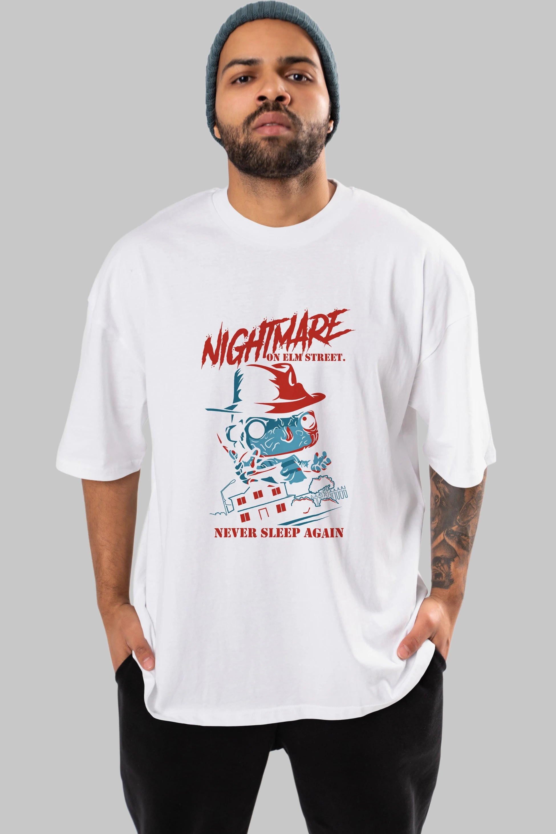 Nightmare Elm Sokağı Ön Baskılı Oversize t-shirt Erkek Kadın Unisex %100 Pamuk Bisiklet Yaka tişort