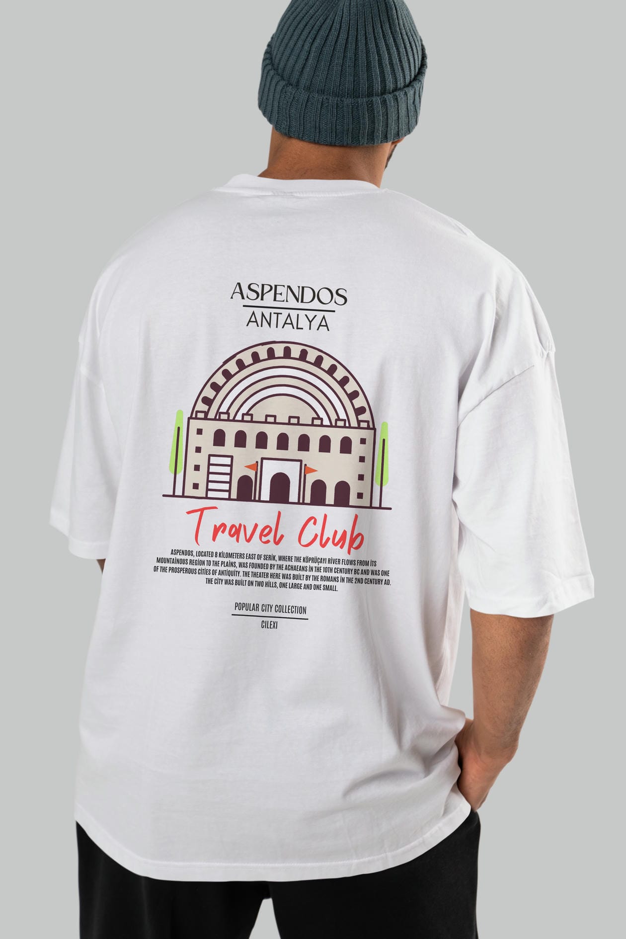 Aspendos Antalya Arka Baskılı Oversize t-shirt Erkek Kadın Pamuk Bisiklet Yaka tişort