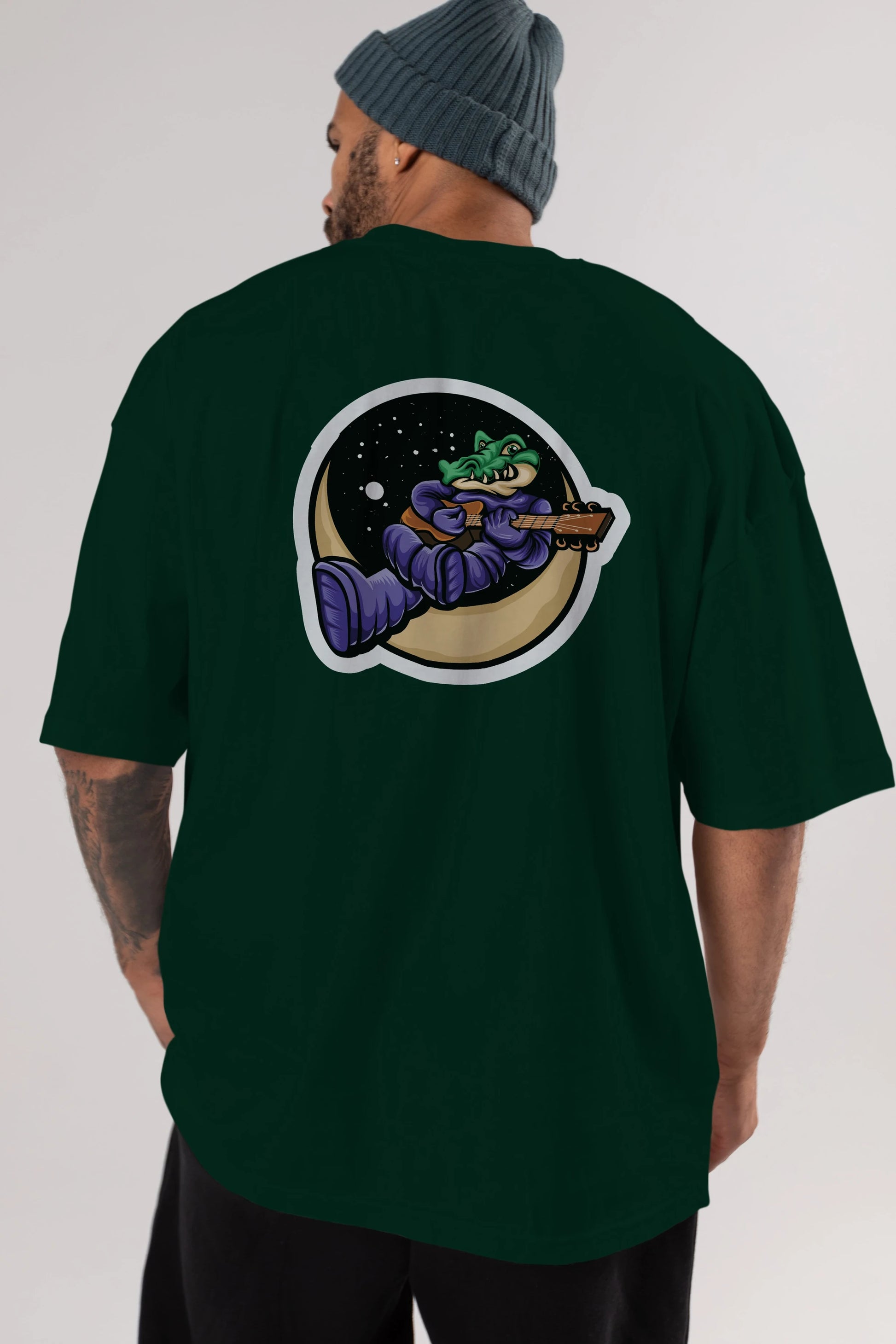 Space Crocodile Sticker Arka Baskılı Oversize t-shirt Erkek Kadın Unisex