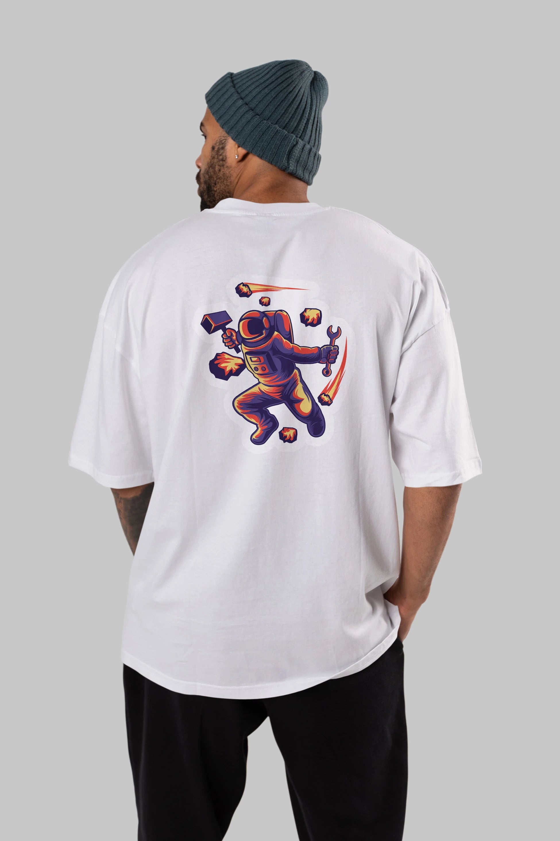 Astronaut Block Meteor Sticker Arka Baskılı Oversize t-shirt Erkek Kadın Unisex