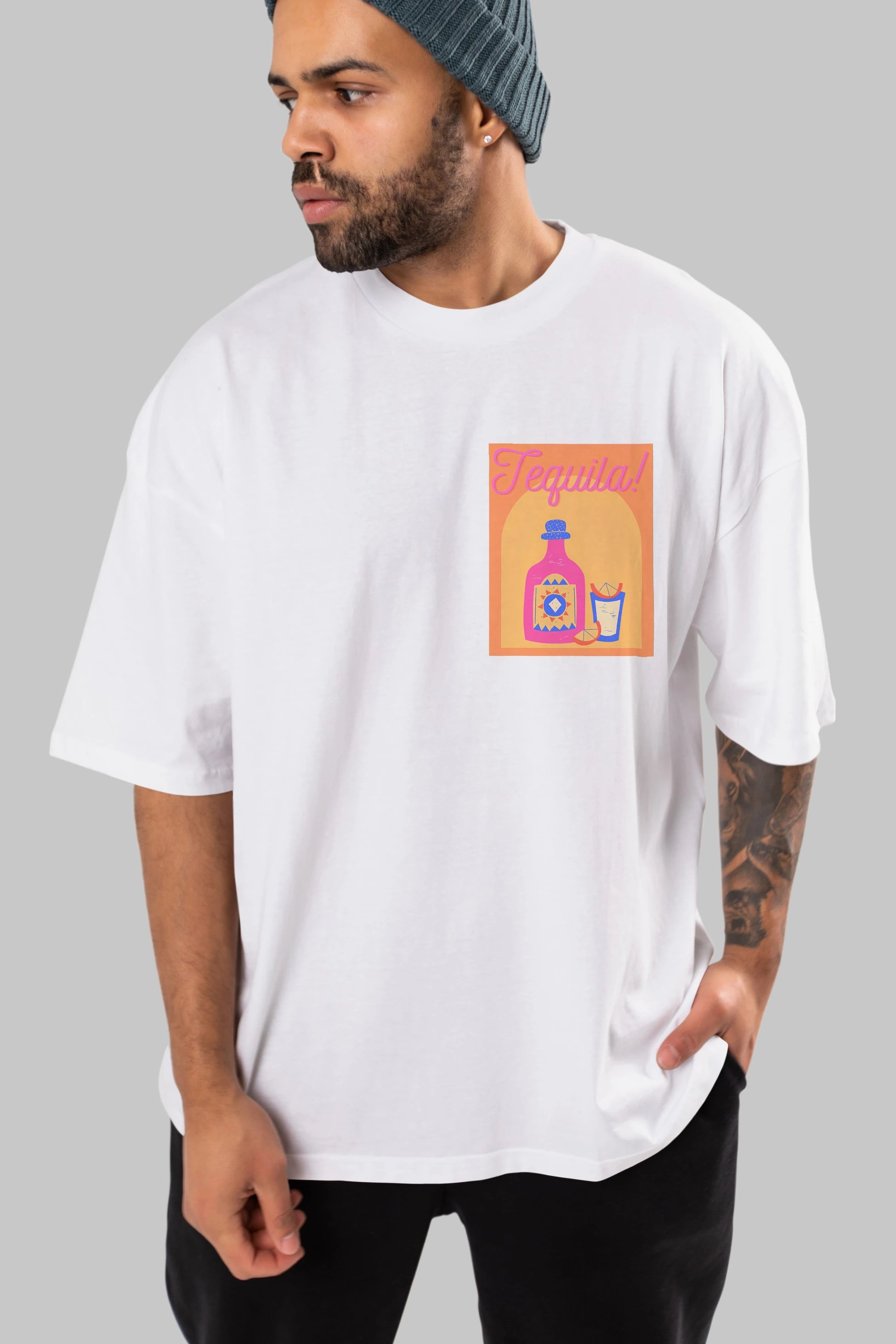 Tequila Ön Sol Baskılı Oversize t-shirt Erkek Kadın Unisex %100 Pamuk Bisiklet Yaka tişort