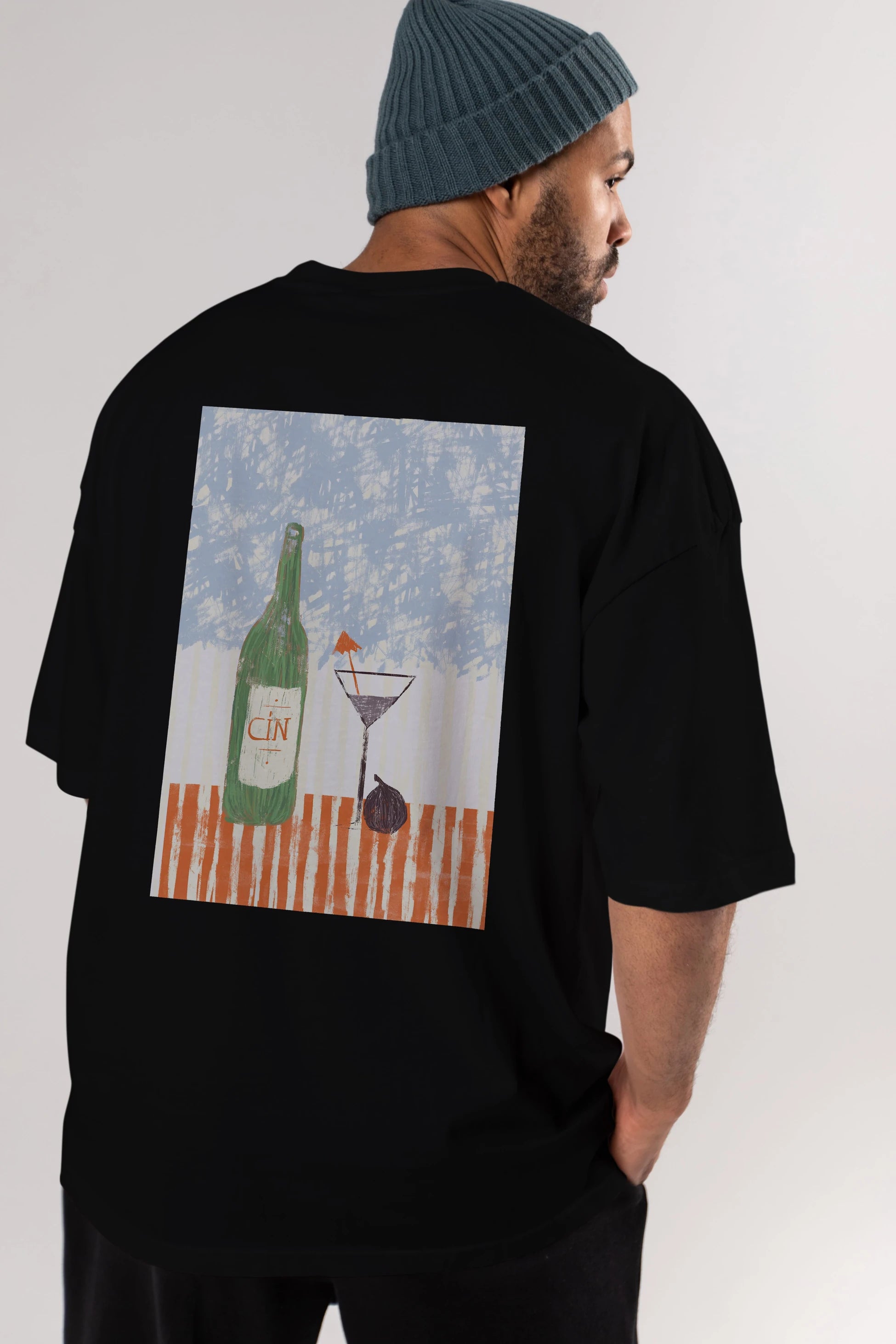 Gin Arka Baskılı Oversize t-shirt Erkek Kadın Unisex %100 Pamuk Bisiklet Yaka tişort