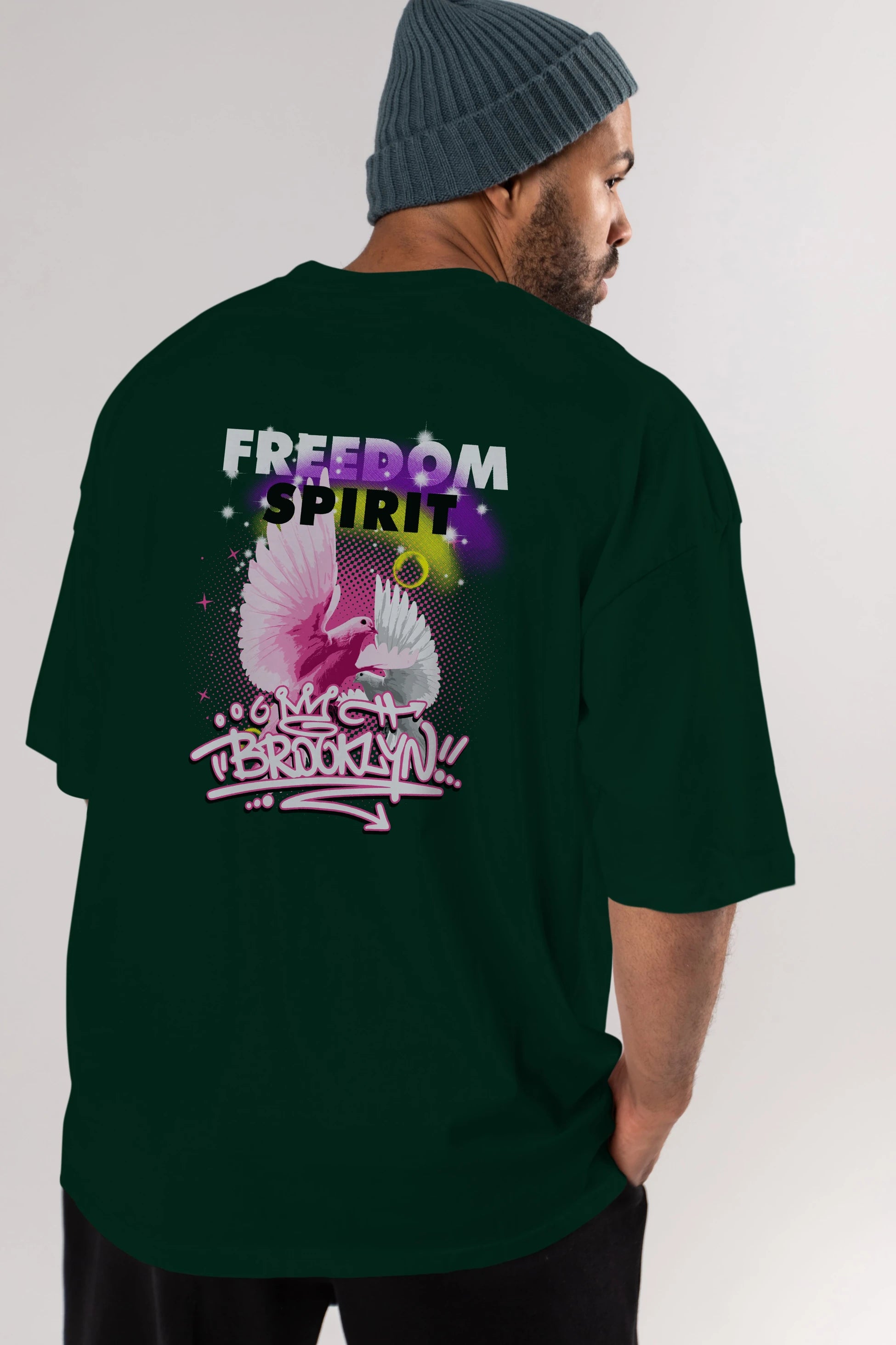 Freedom Spirit Brooklyn Arka Baskılı Oversize t-shirt Erkek Kadın Unisex