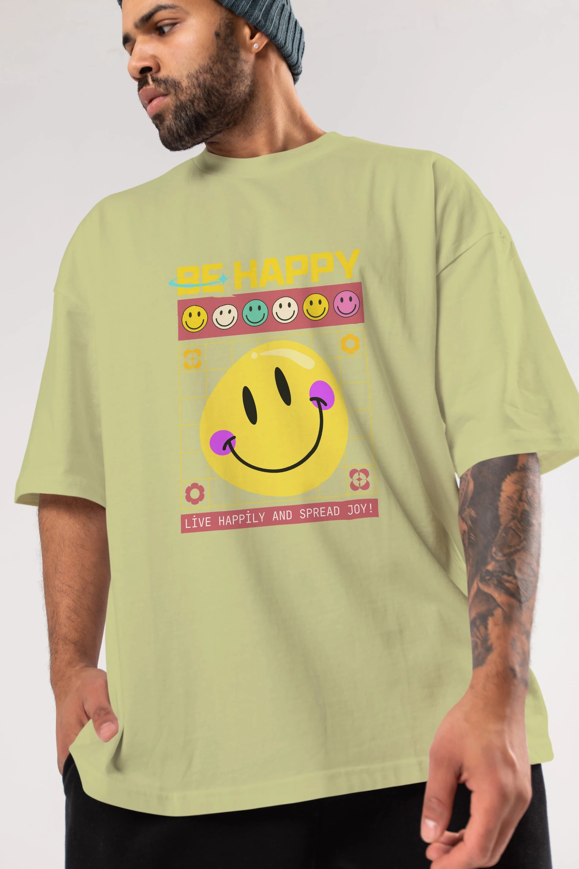 Be Happy Yazılı Ön Baskılı Oversize t-shirt Erkek Kadın Unisex