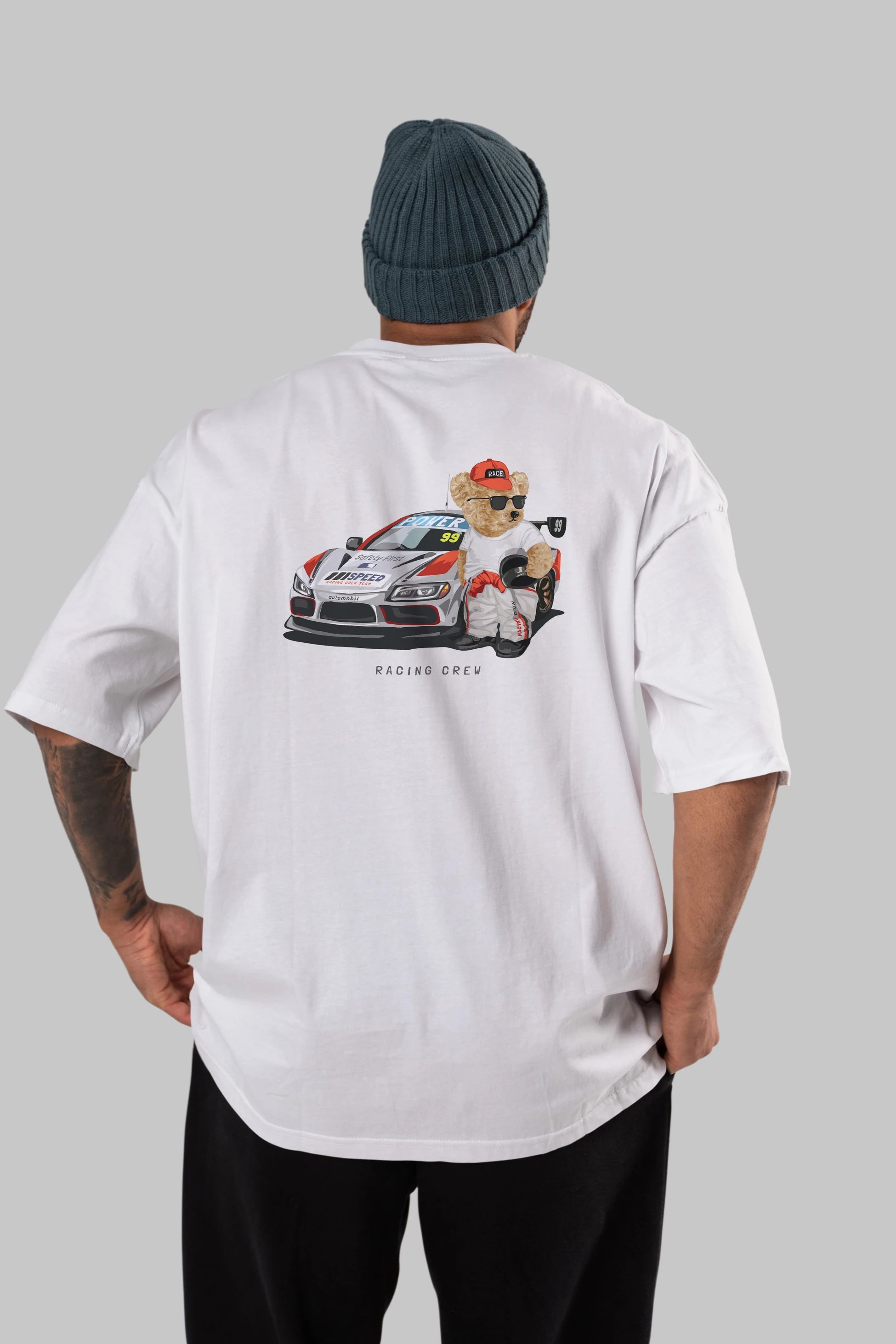 Teddy Bear Racing Crew Arka Baskılı Oversize t-shirt Erkek Kadın Unisex %100 Pamuk