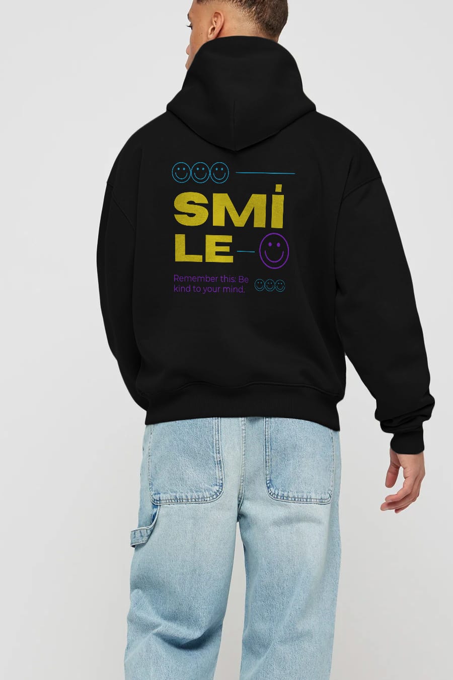 Smile Yazılı 2 Arka Baskılı Oversize Hoodie Kapüşonlu Sweatshirt Erkek Kadın Unisex