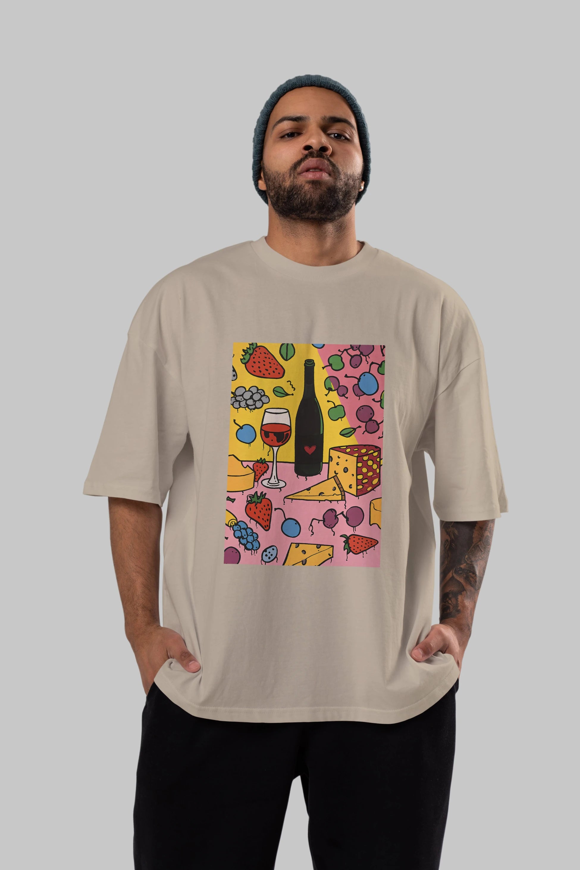 Wine Cheese Fruits Ön Baskılı Oversize t-shirt Erkek Kadın Unisex %100 Pamuk Bisiklet Yaka tişort