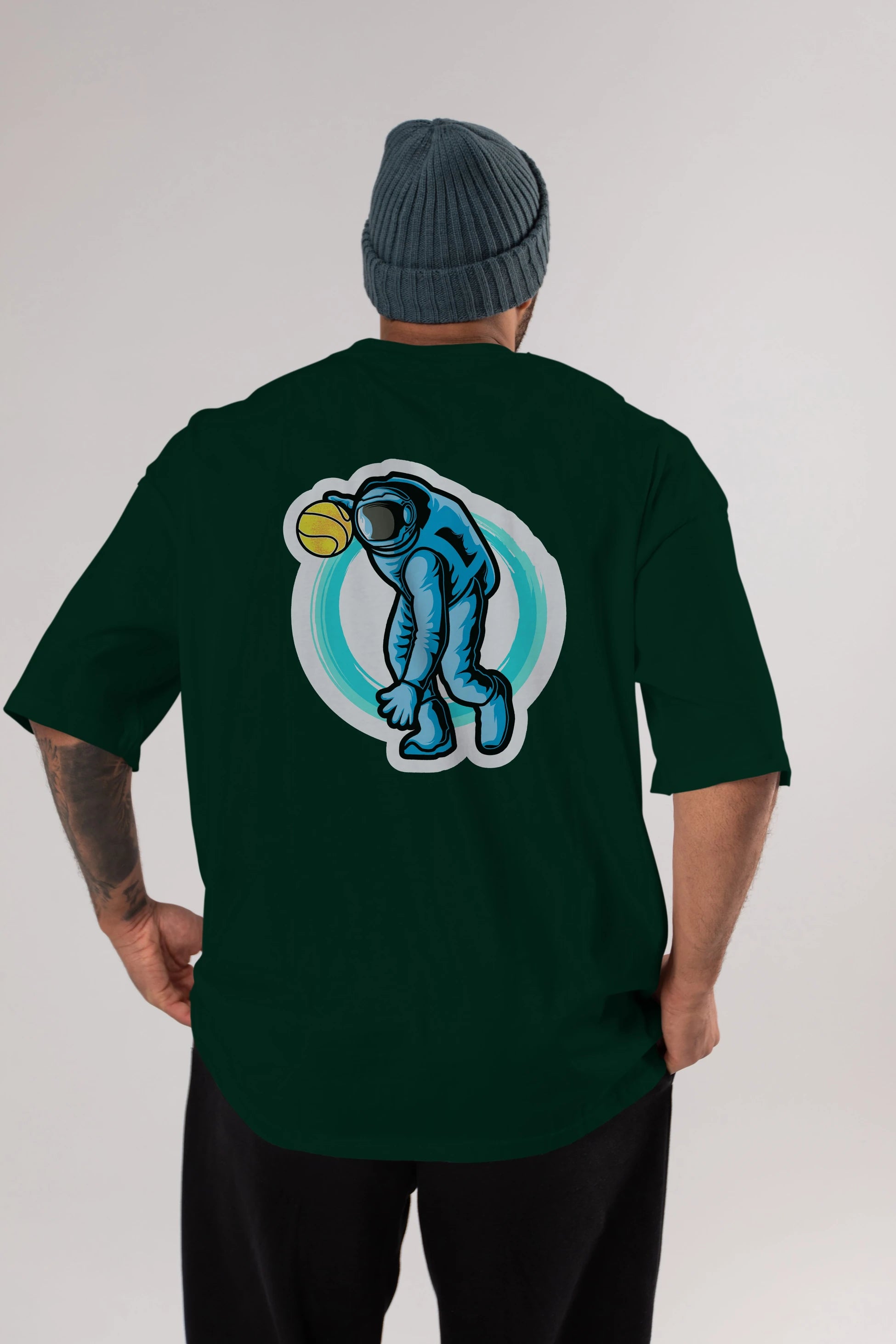 Astronaut Dribble Sticker Arka Baskılı Oversize t-shirt Erkek Kadın Unisex