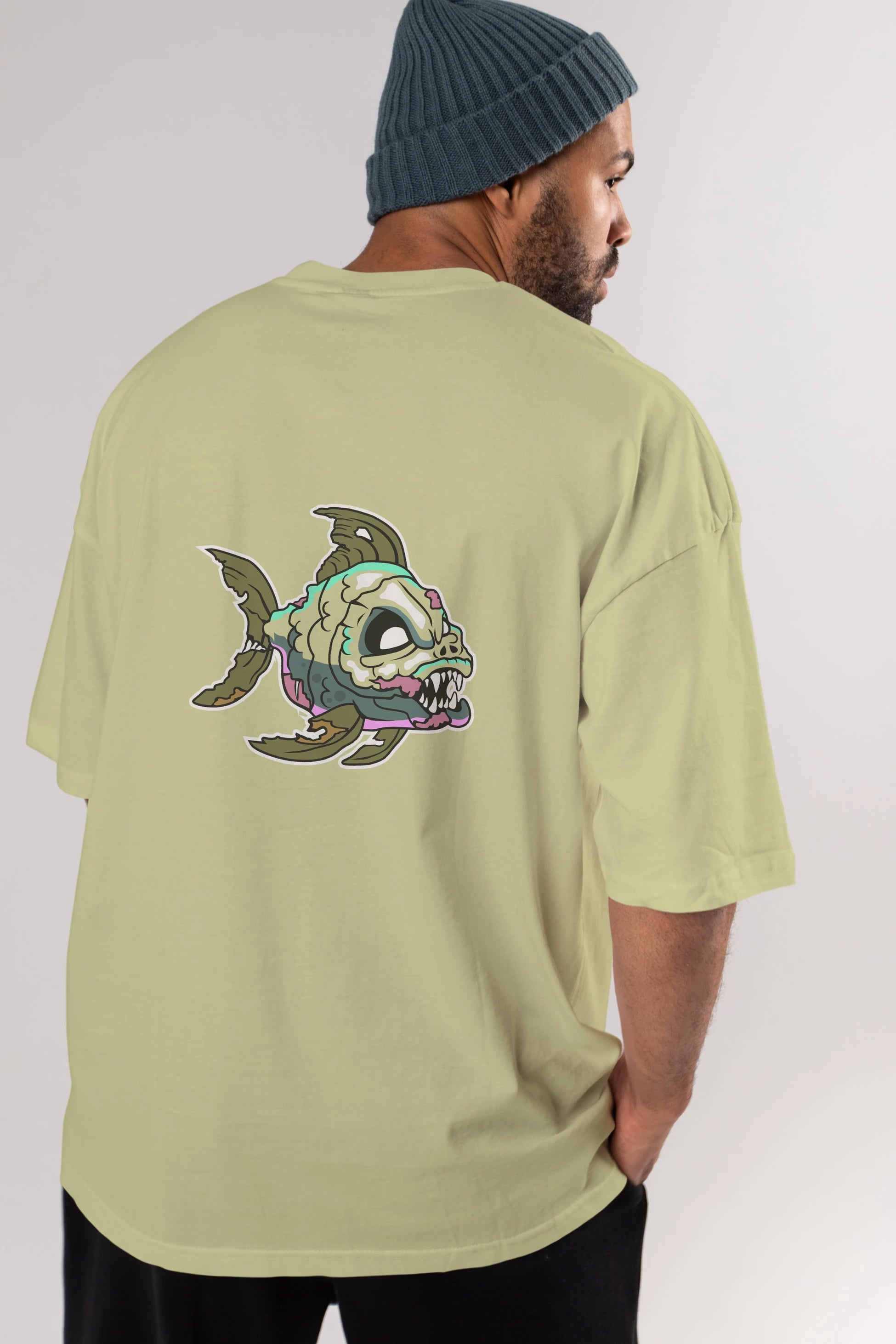 Fish Monster Arka Baskılı Oversize t-shirt Erkek Kadın Unisex %100 Pamuk tişort