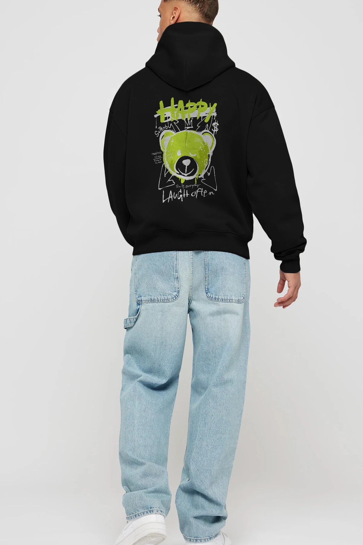 Happy Bear Arka Baskılı Hoodie Oversize Kapüşonlu Sweatshirt Erkek Kadın Unisex