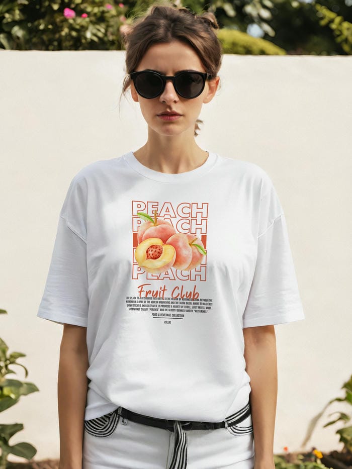 Peach Ön Baskılı Oversize t-shirt Erkek Kadın Pamuk Bisiklet Yaka tişort