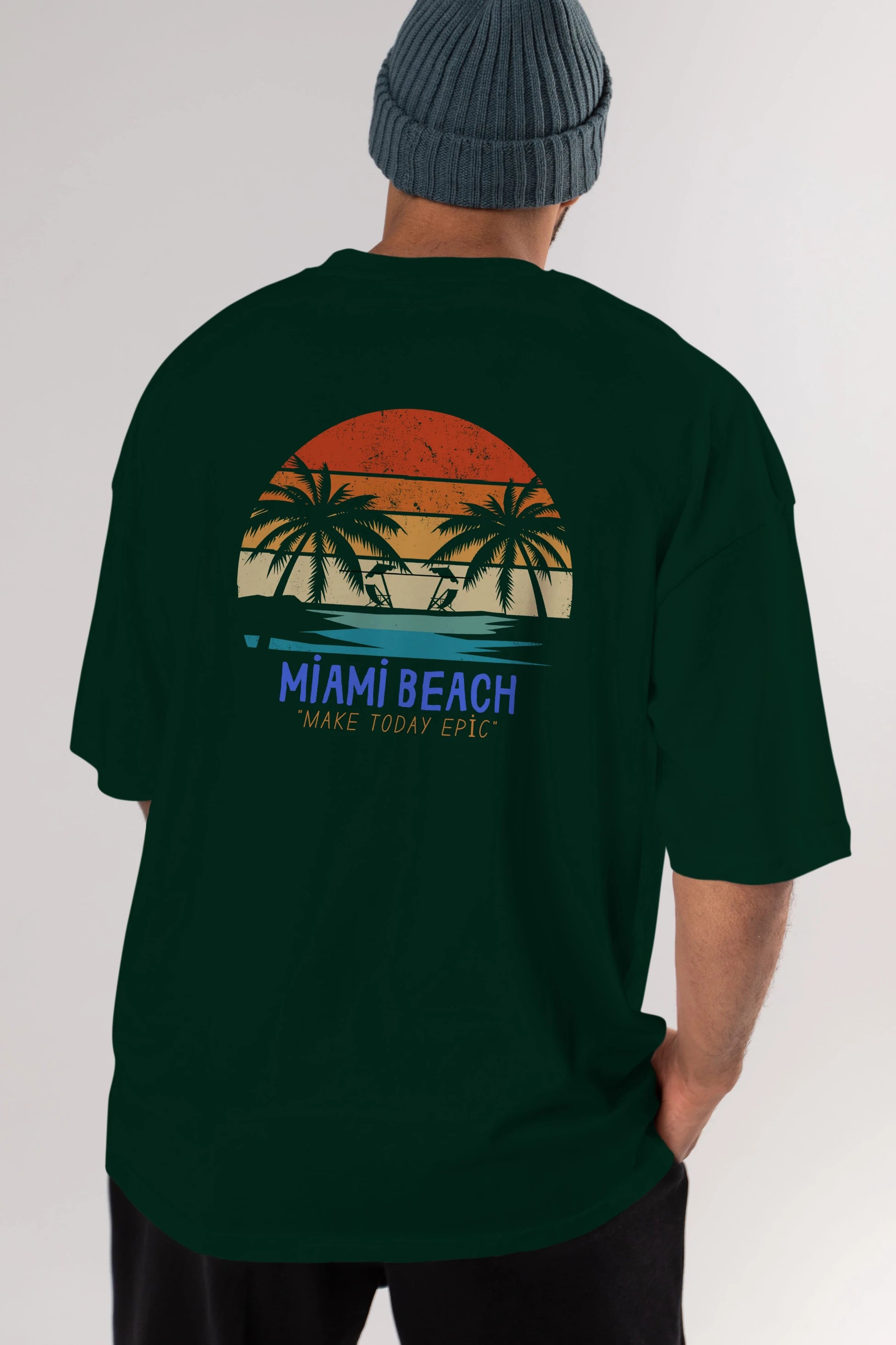 Miami Beach Yazılı Arka Baskılı Oversize t-shirt Erkek Kadın Unisex