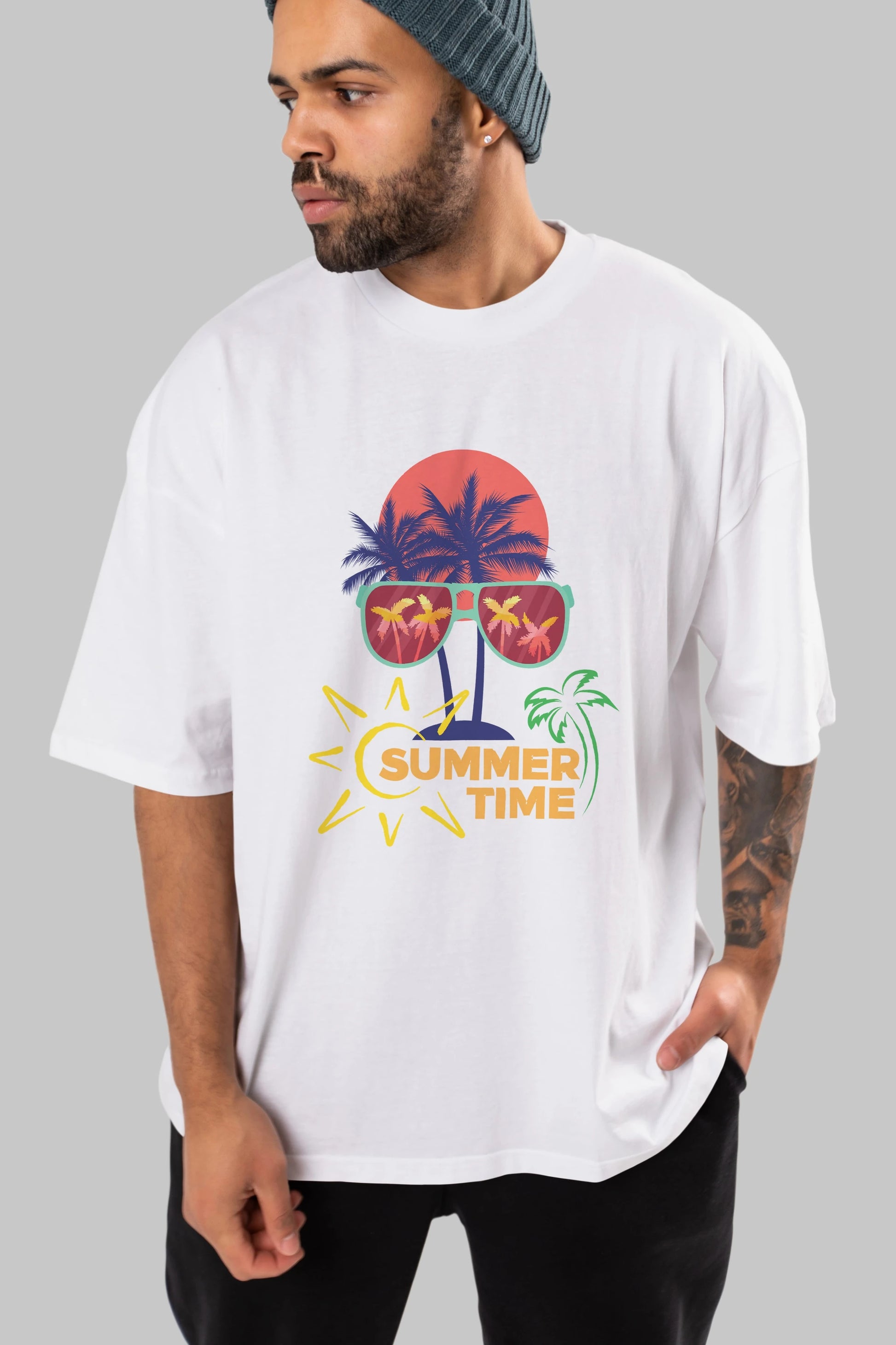 Summer Time Yazılı Ön Baskılı Oversize t-shirt Erkek Kadın Unisex