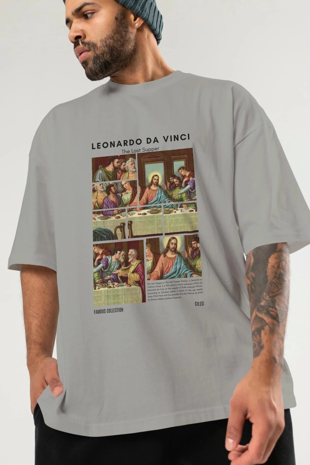 Leonardo Da Vinci ön Baskılı Oversize t-shirt Erkek Kadın Bisiklet Yaka Pamuk tişort