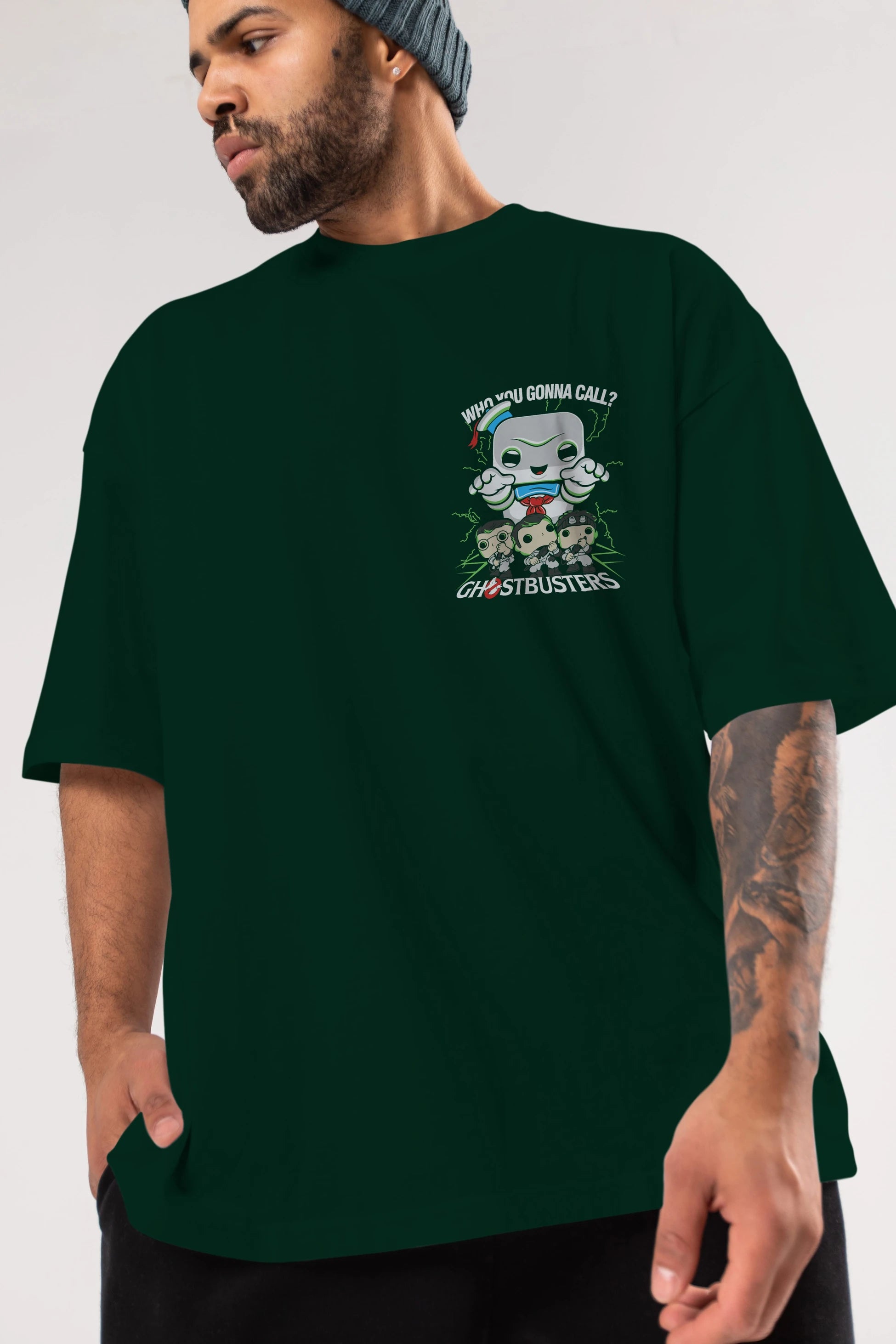 Ghostbusters Ön Sol Baskılı Oversize t-shirt Erkek Kadın Unisex %100 Pamuk Bisiklet Yaka tişort