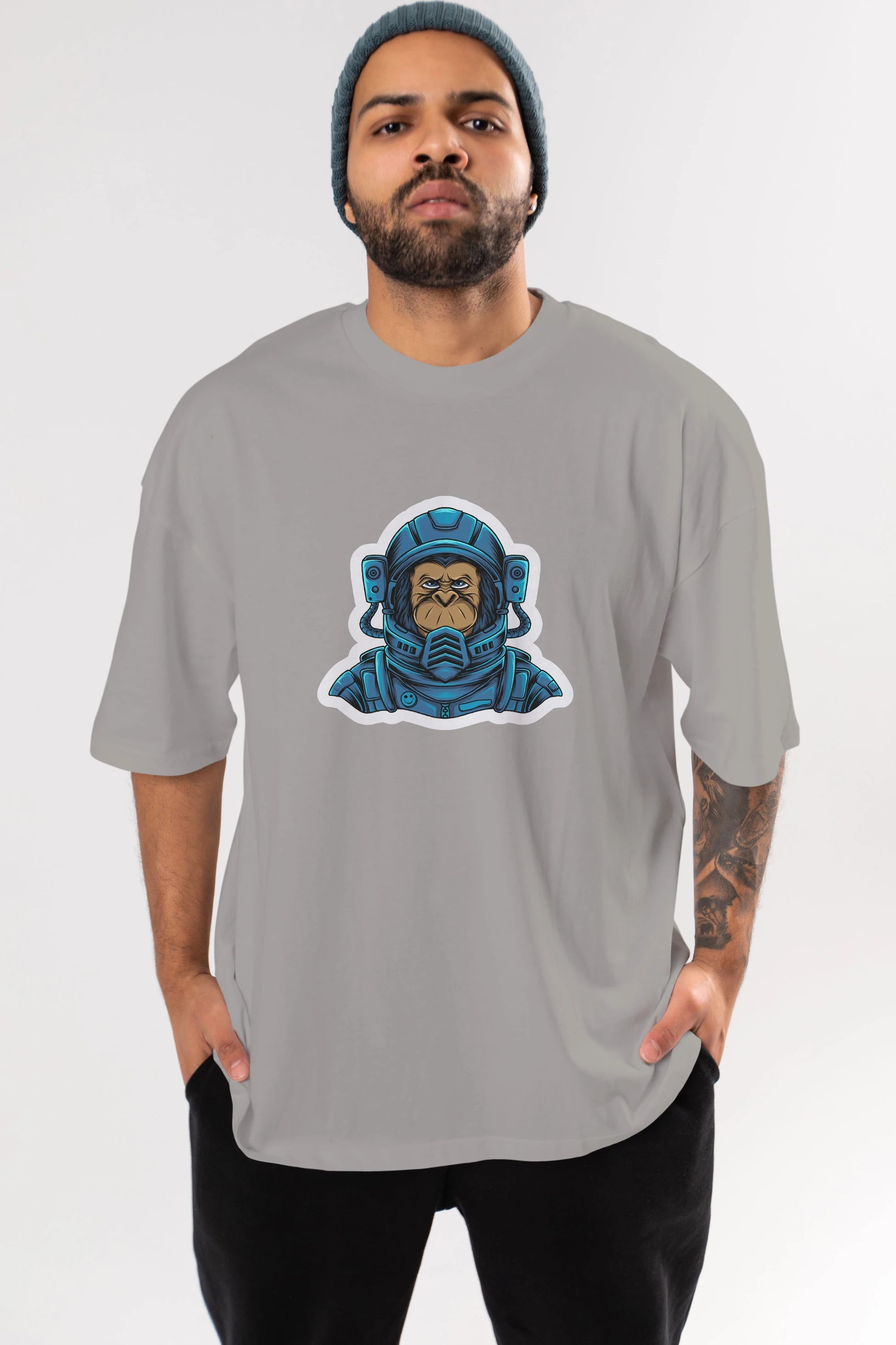 Astromonkey Sticker Ön Baskılı Oversize t-shirt Erkek Kadın Unisex