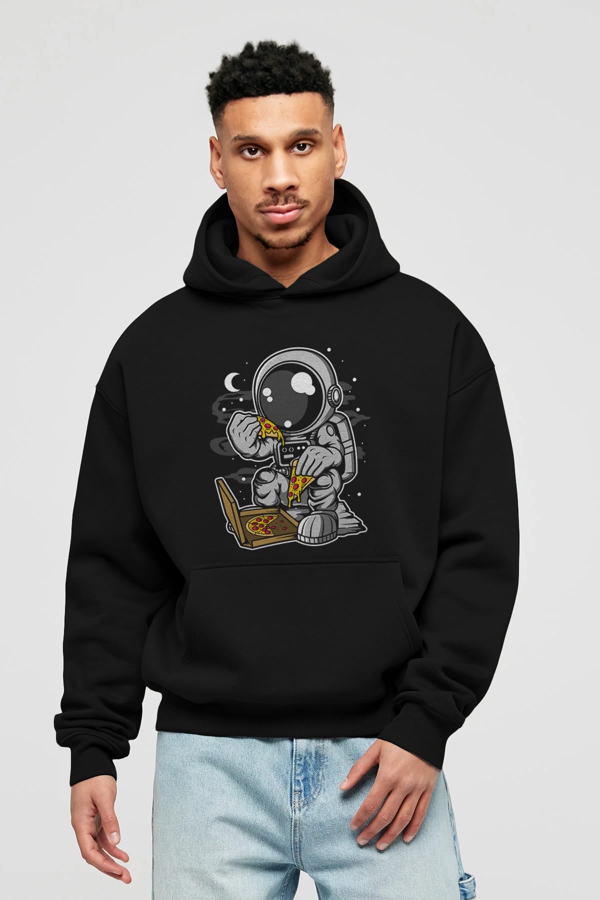 Astronaut Pizza Ön Baskılı Hoodie Oversize Kapüşonlu Sweatshirt Erkek Kadın Unisex