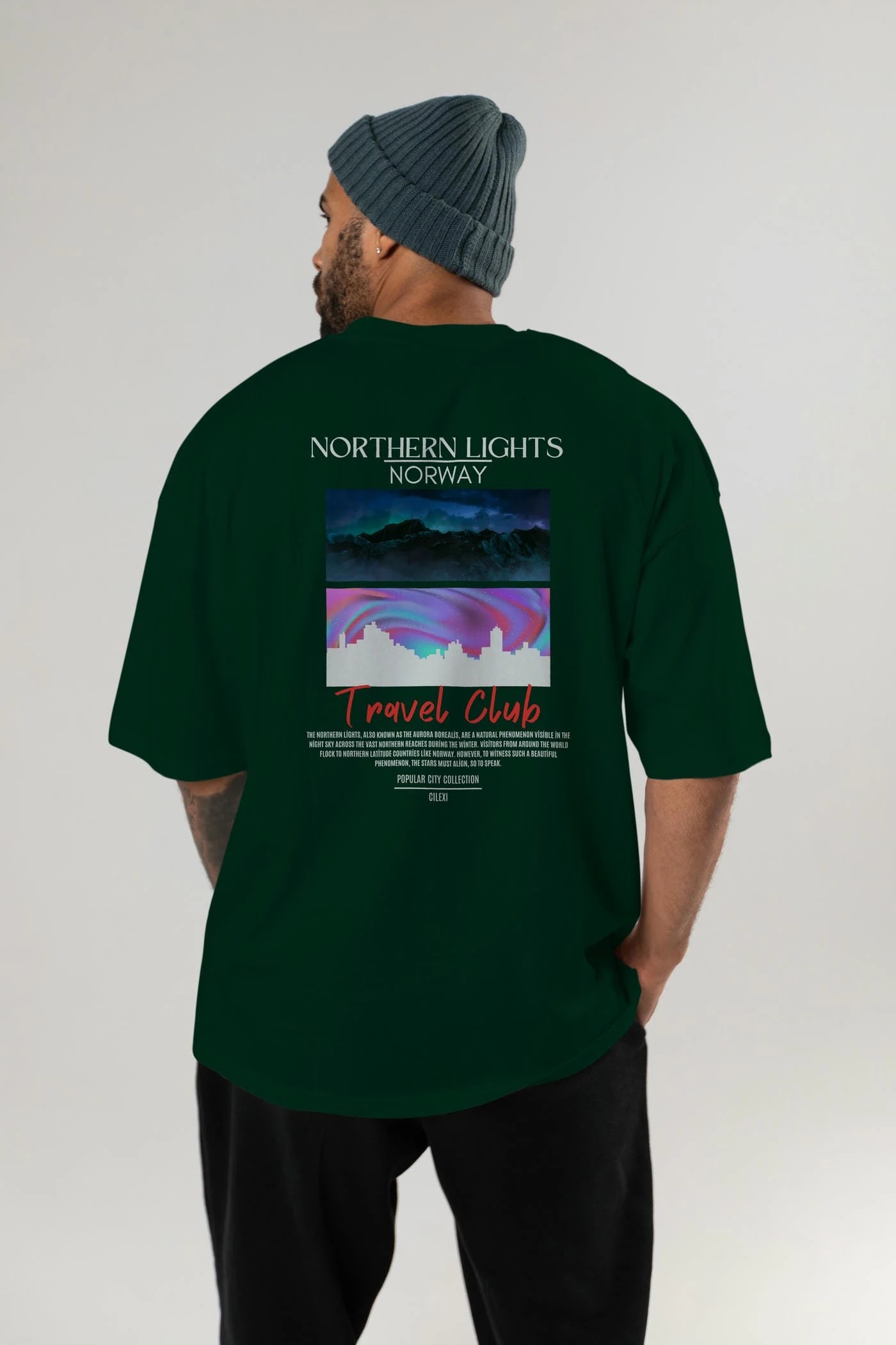 Northern Lights Norway Arka Baskılı Oversize t-shirt Erkek Kadın Pamuk Bisiklet Yaka tişort