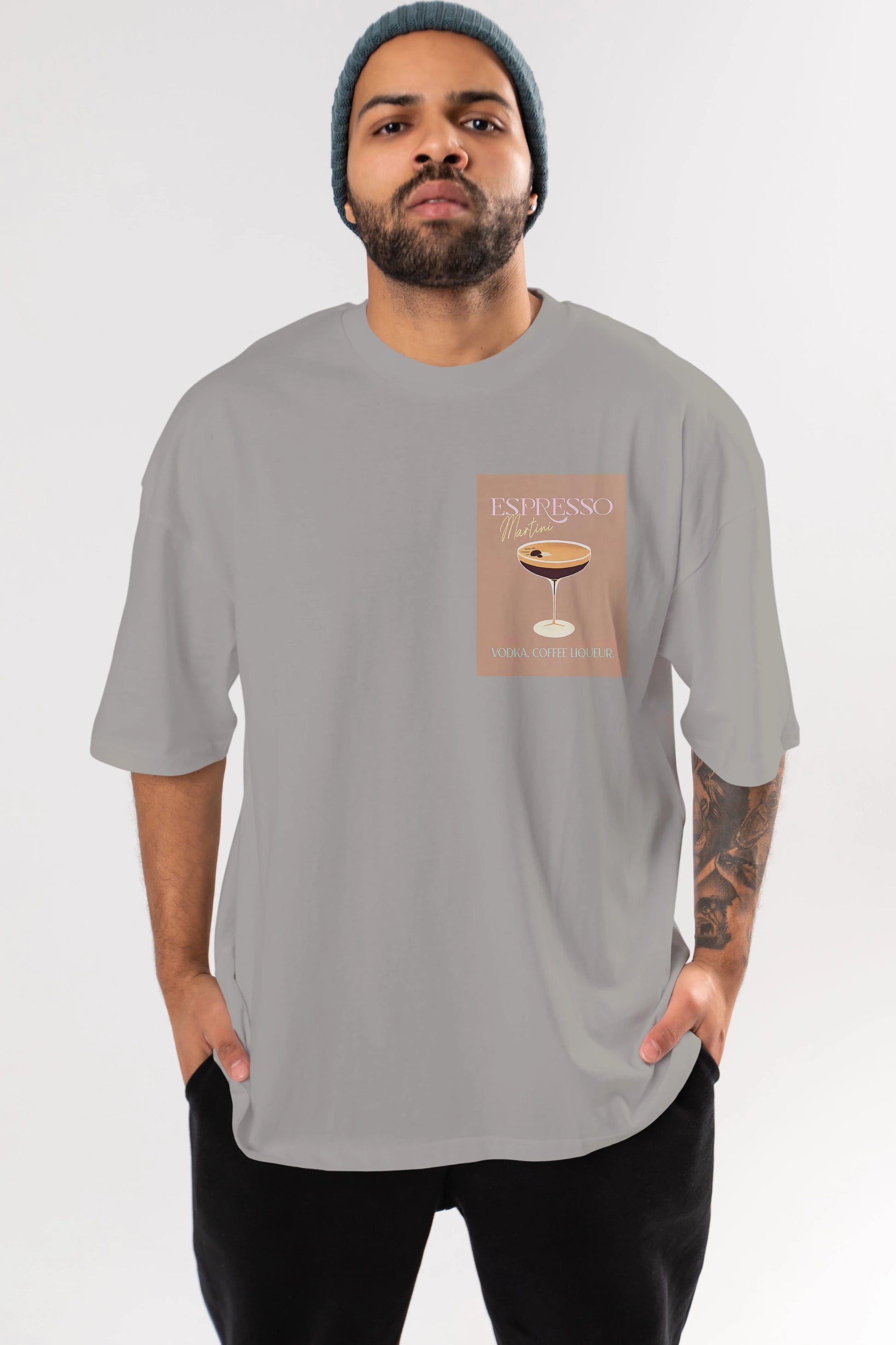 Espresso Martini Cocktail Ön Sol Baskılı Oversize t-shirt Erkek Kadın Unisex %100 Pamuk Bisiklet Yaka tişort