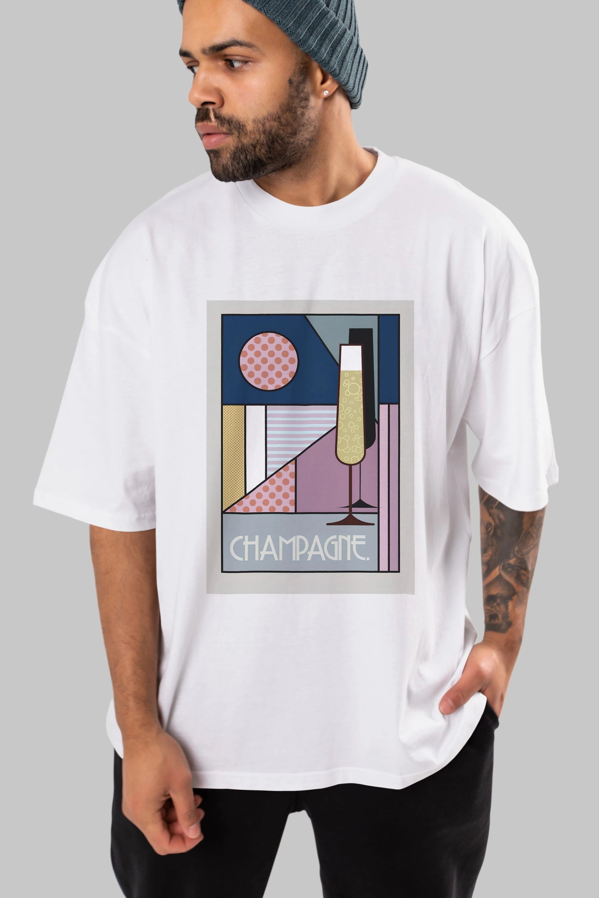 Champagne Ön Baskılı Oversize t-shirt Erkek Kadın Unisex %100 Pamuk Bisiklet Yaka tişort