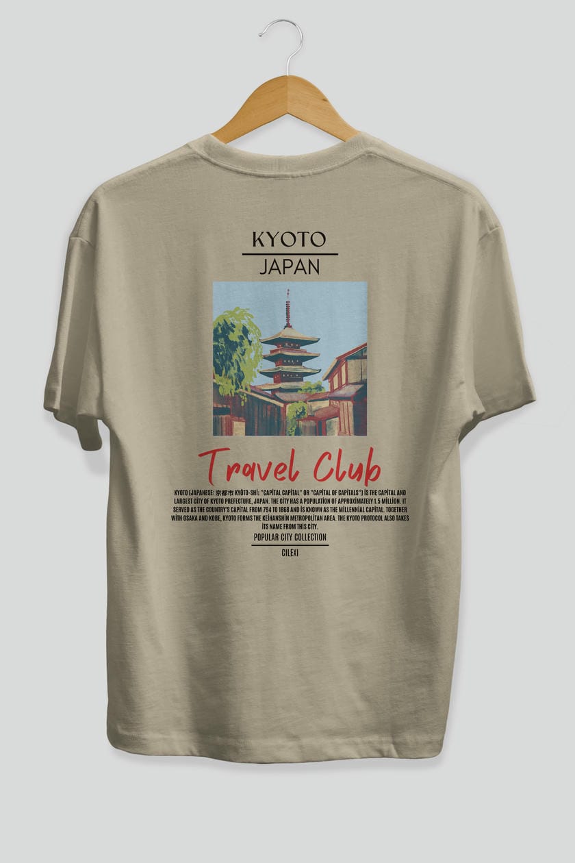Kyoto Japan Arka Baskılı Oversize t-shirt Erkek Kadın Pamuk Bisiklet Yaka tişort