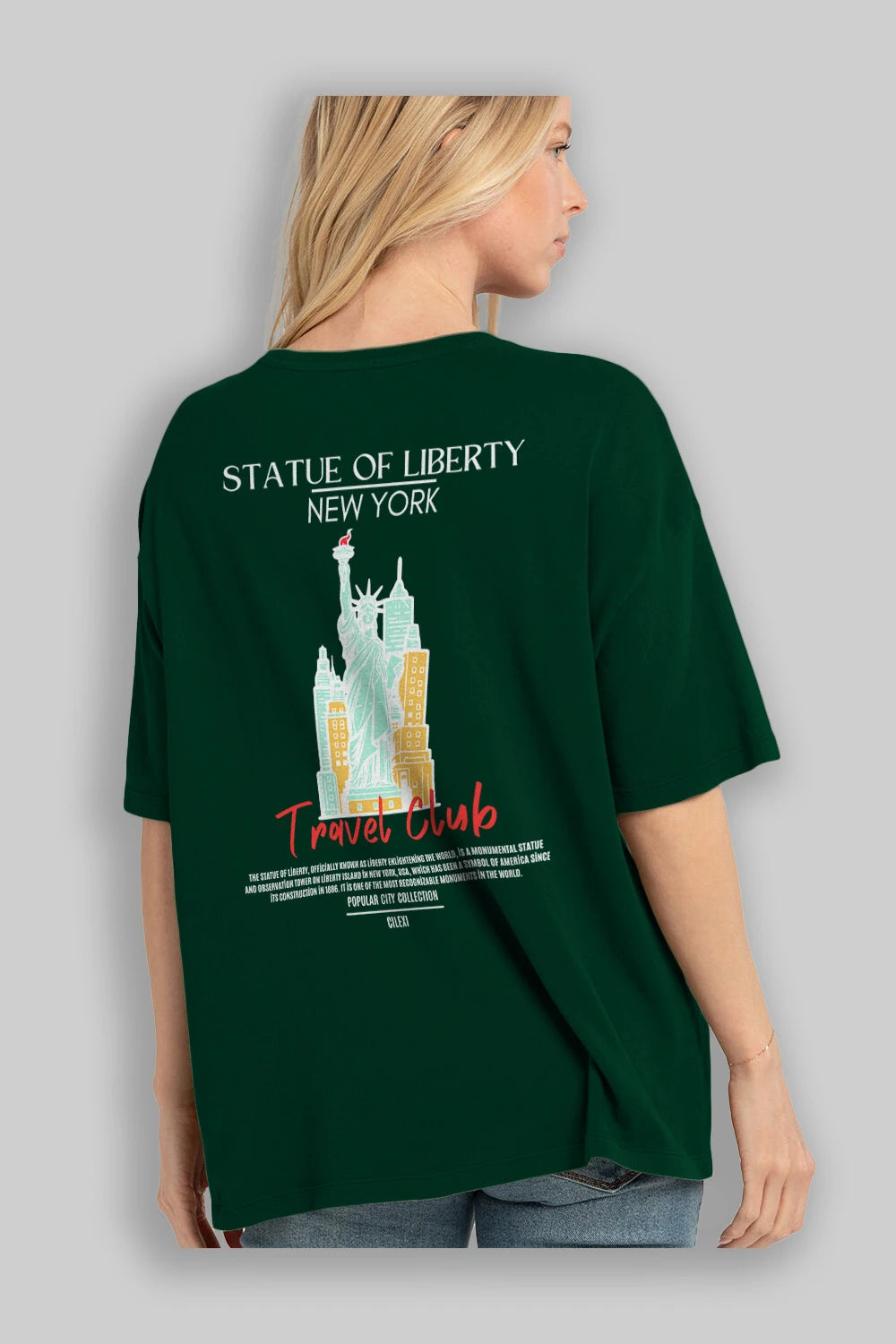 Statue Of Liberty New York Arka Baskılı Oversize t-shirt Erkek Kadın Pamuk Bisiklet Yaka tişort