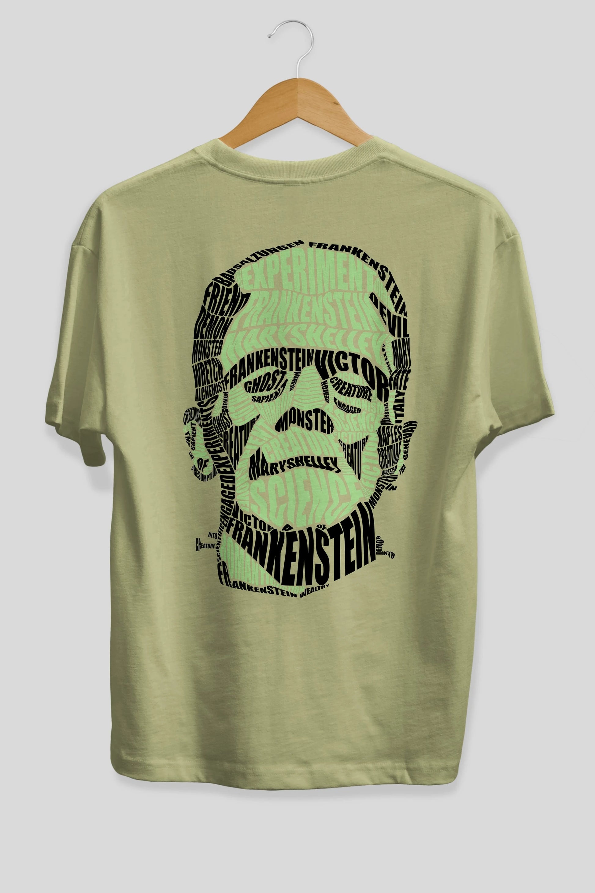 Frankenstein Calligram Arka Baskılı Oversize t-shirt %100 pamuk Erkek Kadın Unisex