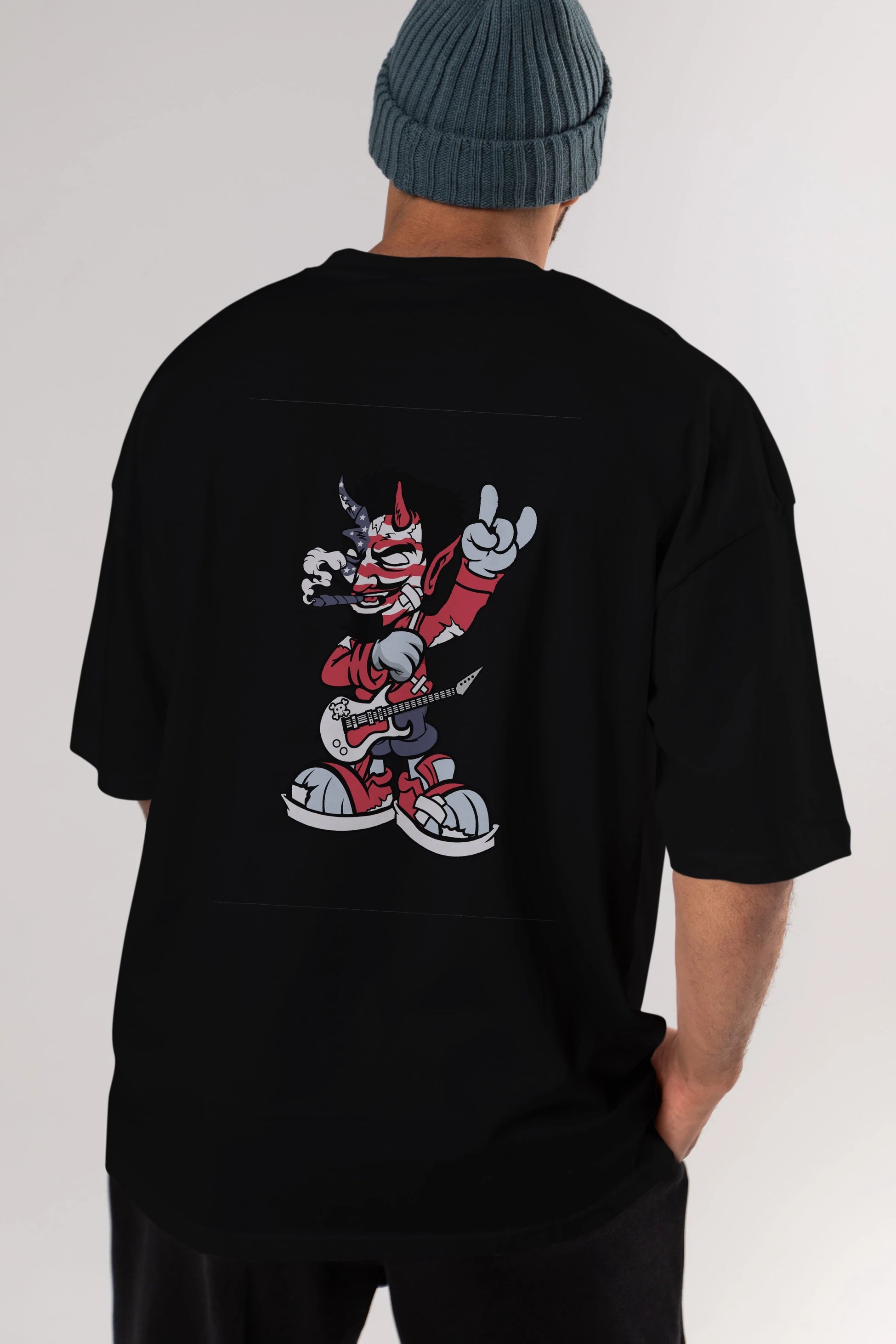 American Devil Rockstar Arka Baskılı Oversize t-shirt Erkek Kadın Unisex %100 Pamuk tişort