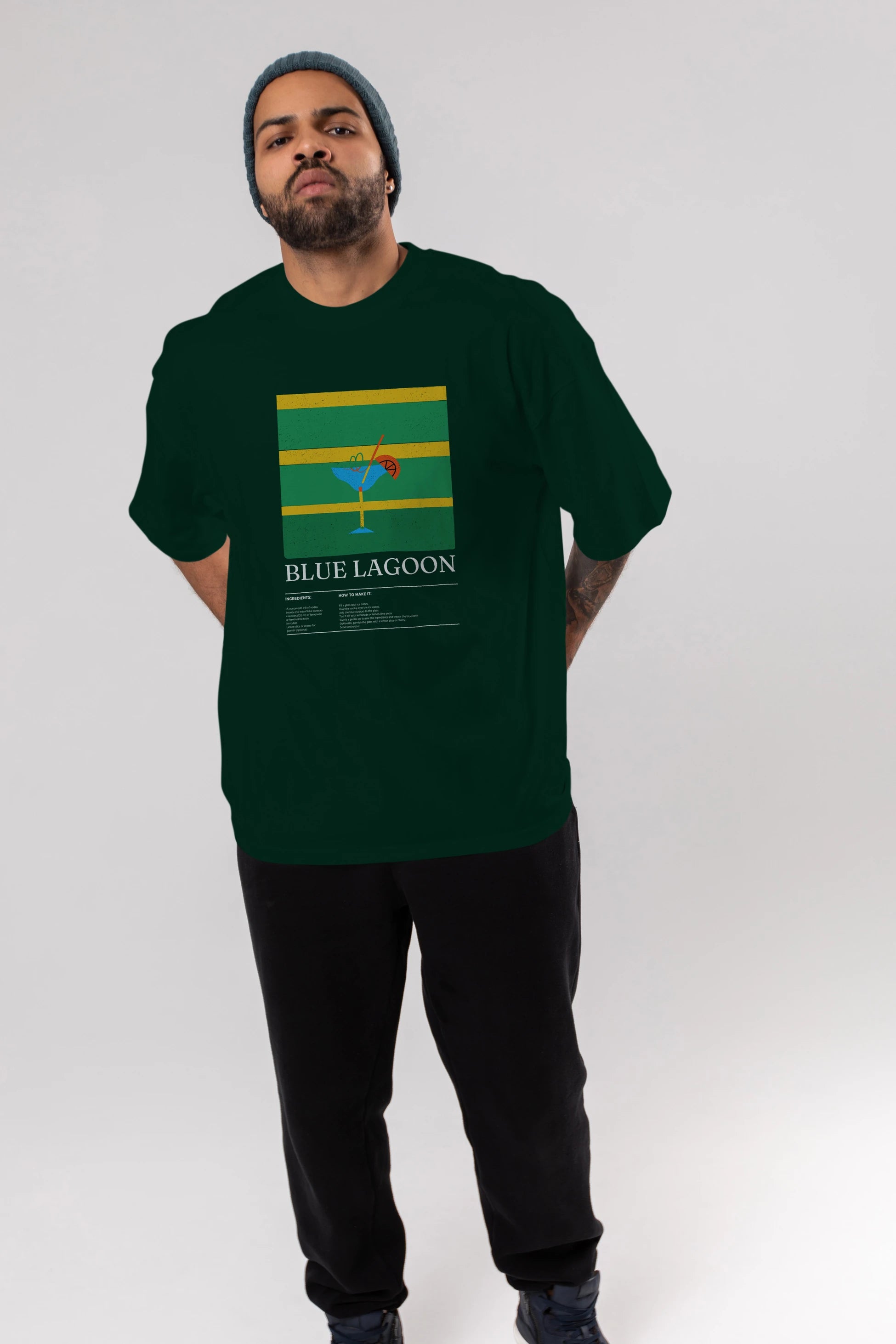 Blue Lagoon Kokteyl Ön Baskılı Oversize t-shirt Erkek Kadın %100 Pamuk Bisiklet Yaka tişort