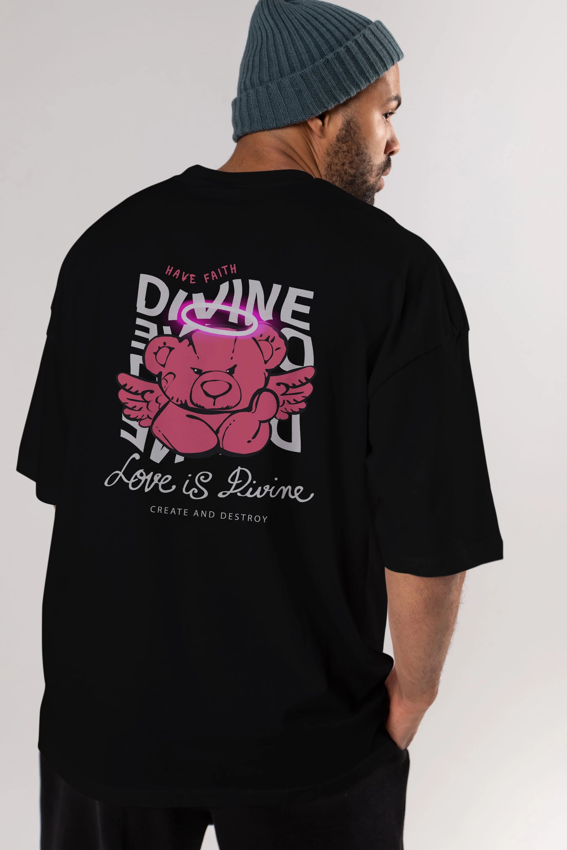 Love is Divine Bear Arka Baskılı Oversize t-shirt Erkek Kadın Unisex