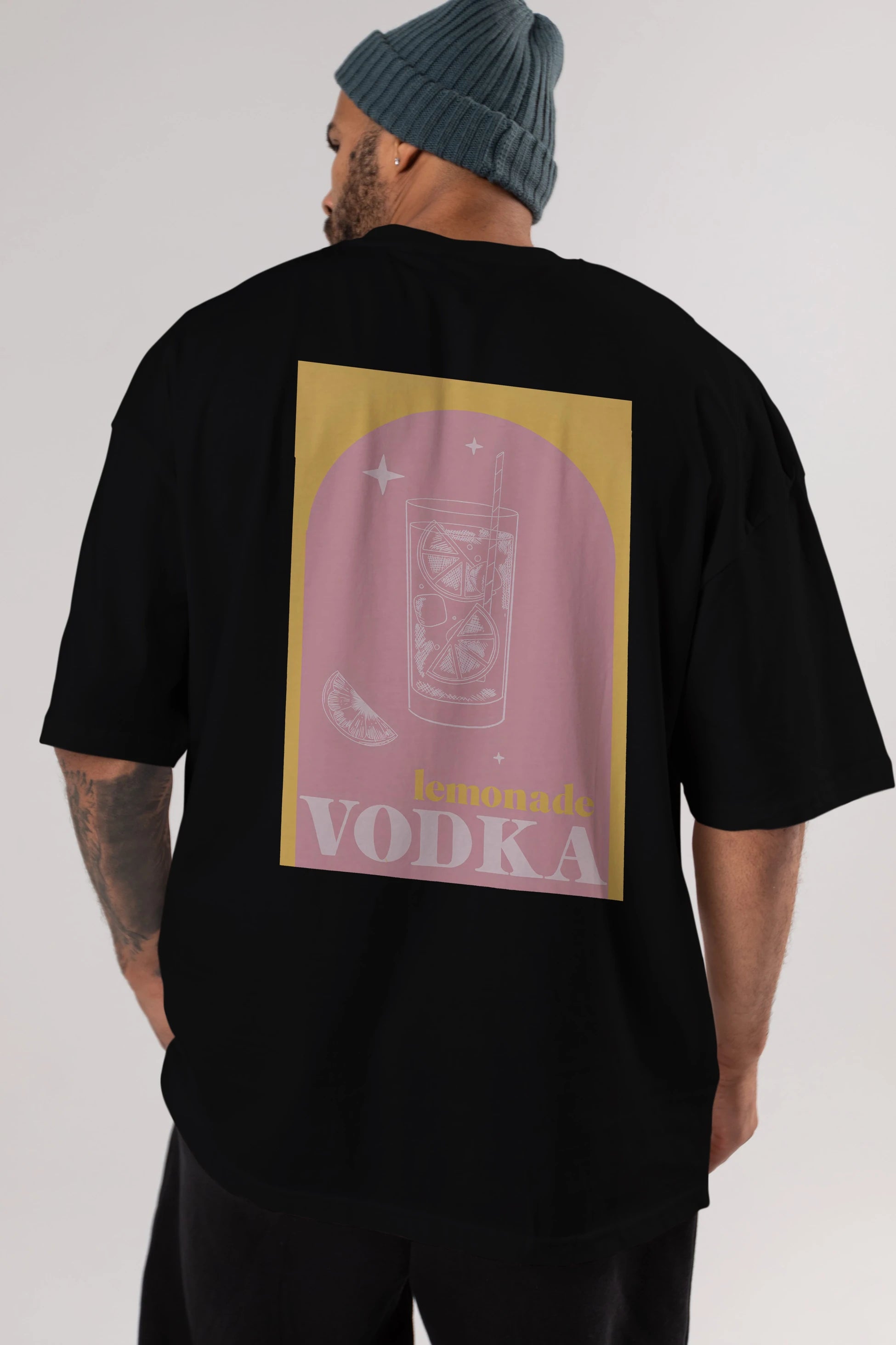 Vodka Limon Arka Baskılı Oversize t-shirt Erkek Kadın Unisex %100 Pamuk Bisiklet Yaka tişort
