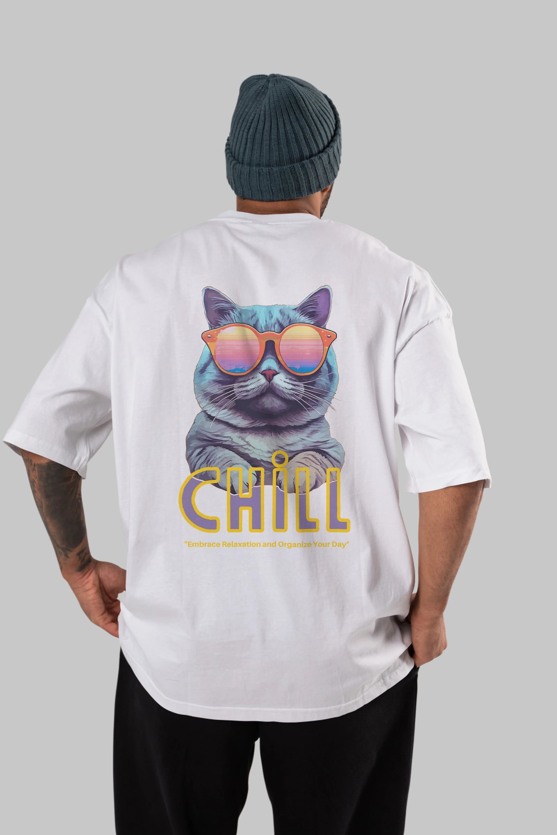 Chill Cat Arka Baskılı Oversize t-shirt Erkek Kadın Unisex