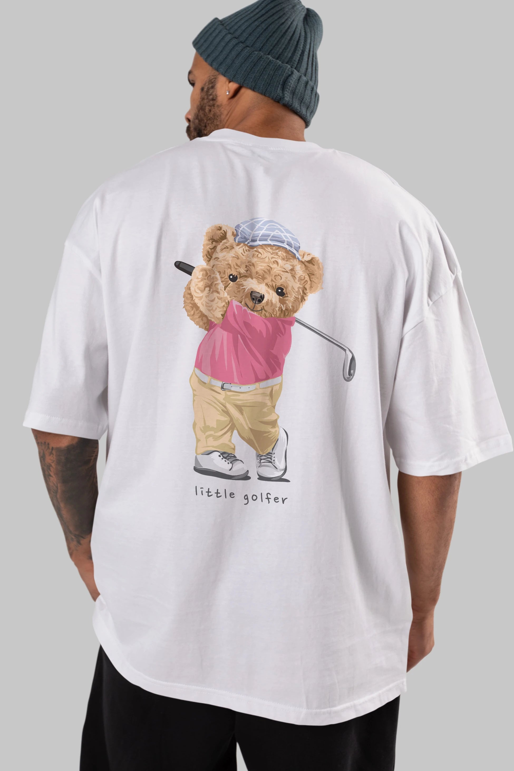 Teddy Bear Little Golfer Arka Baskılı Oversize t-shirt Erkek Kadın Unisex %100 Pamuk