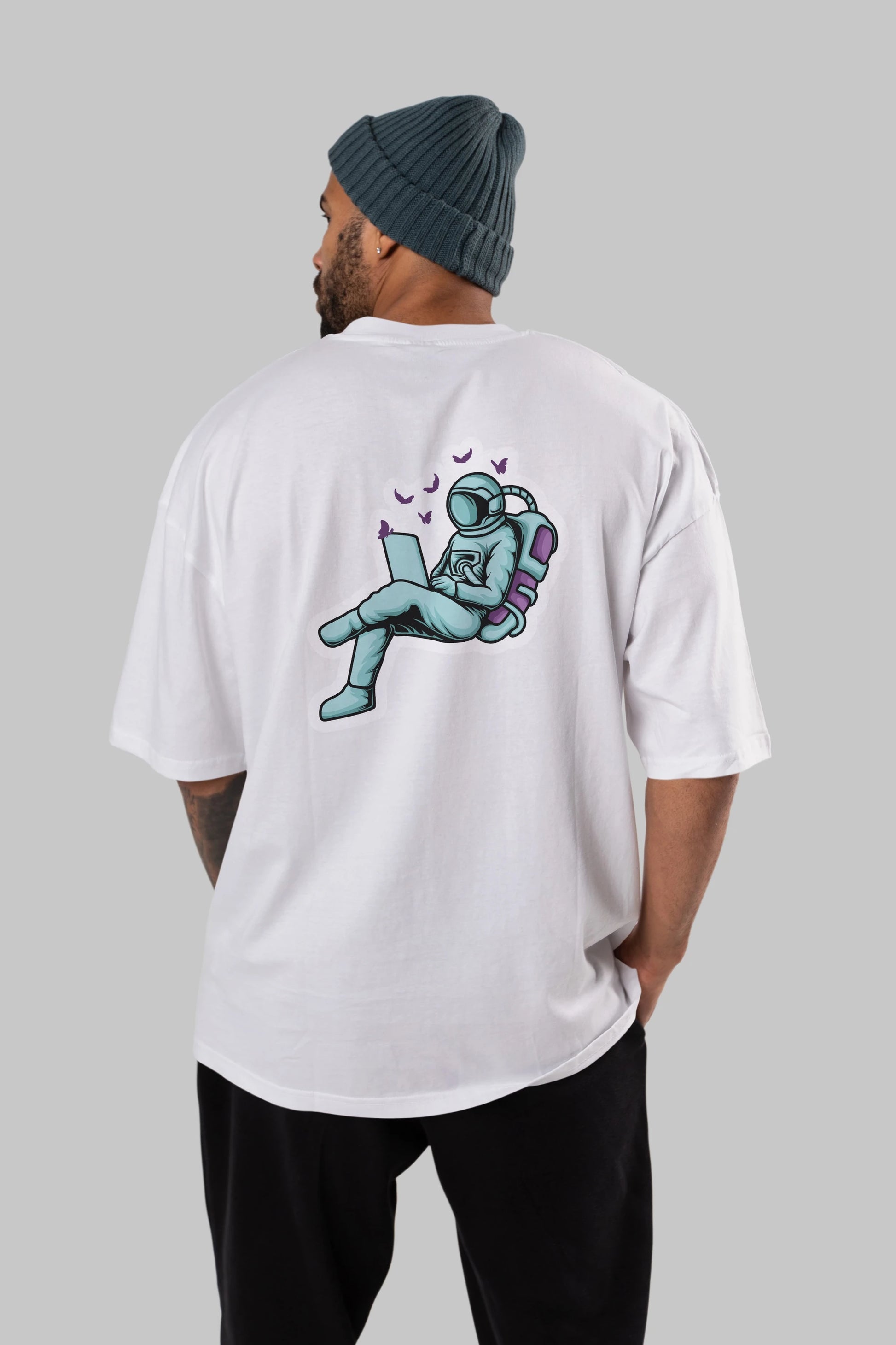 Work with Butterflies in Space Sticker Arka Baskılı Oversize t-shirt Erkek Kadın Unisex