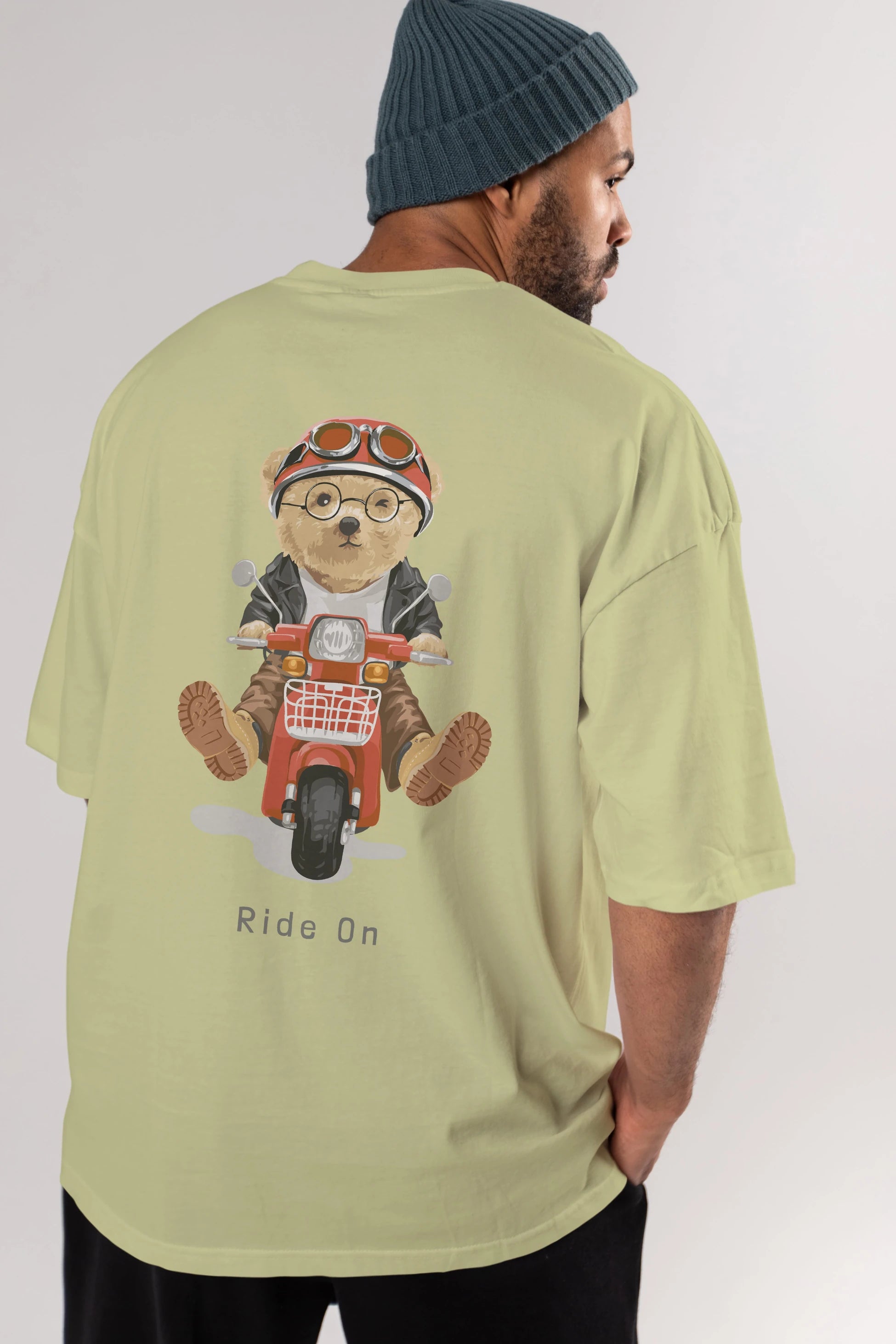 Teddy Bear Ride On Arka Baskılı Oversize t-shirt Erkek Kadın Unisex %100 Pamuk