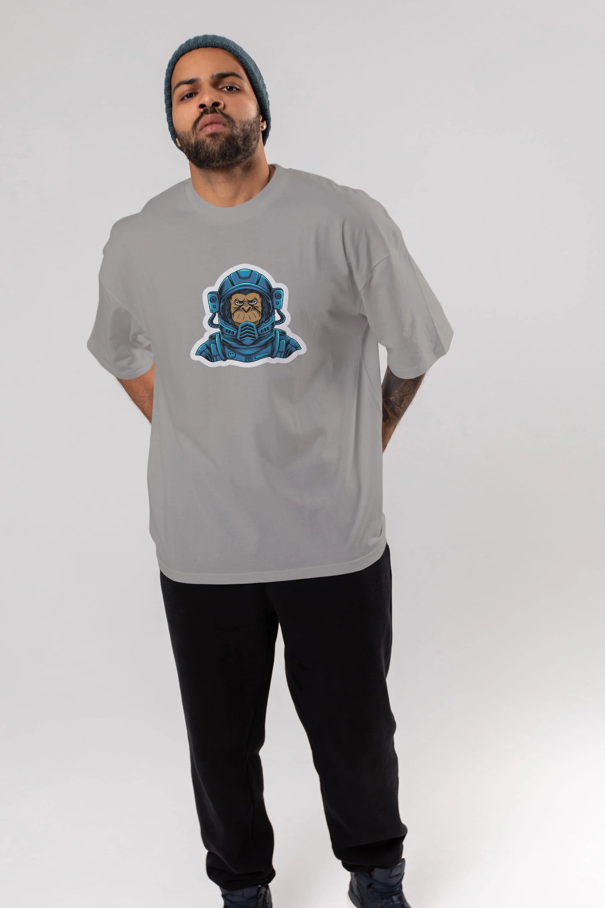 Astromonkey Sticker Ön Baskılı Oversize t-shirt Erkek Kadın Unisex