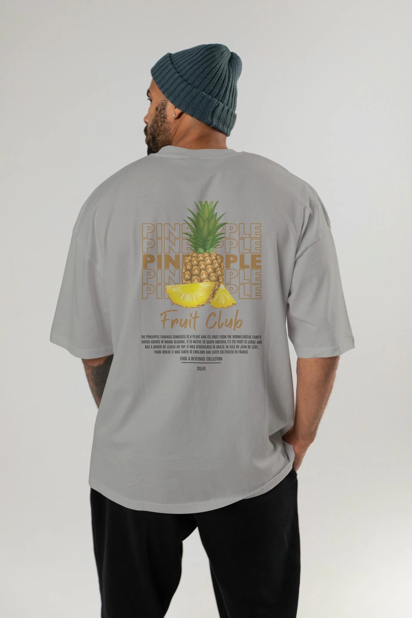Pineapple Arka Baskılı Oversize t-shirt Erkek Kadın Pamuk Bisiklet Yaka tişort