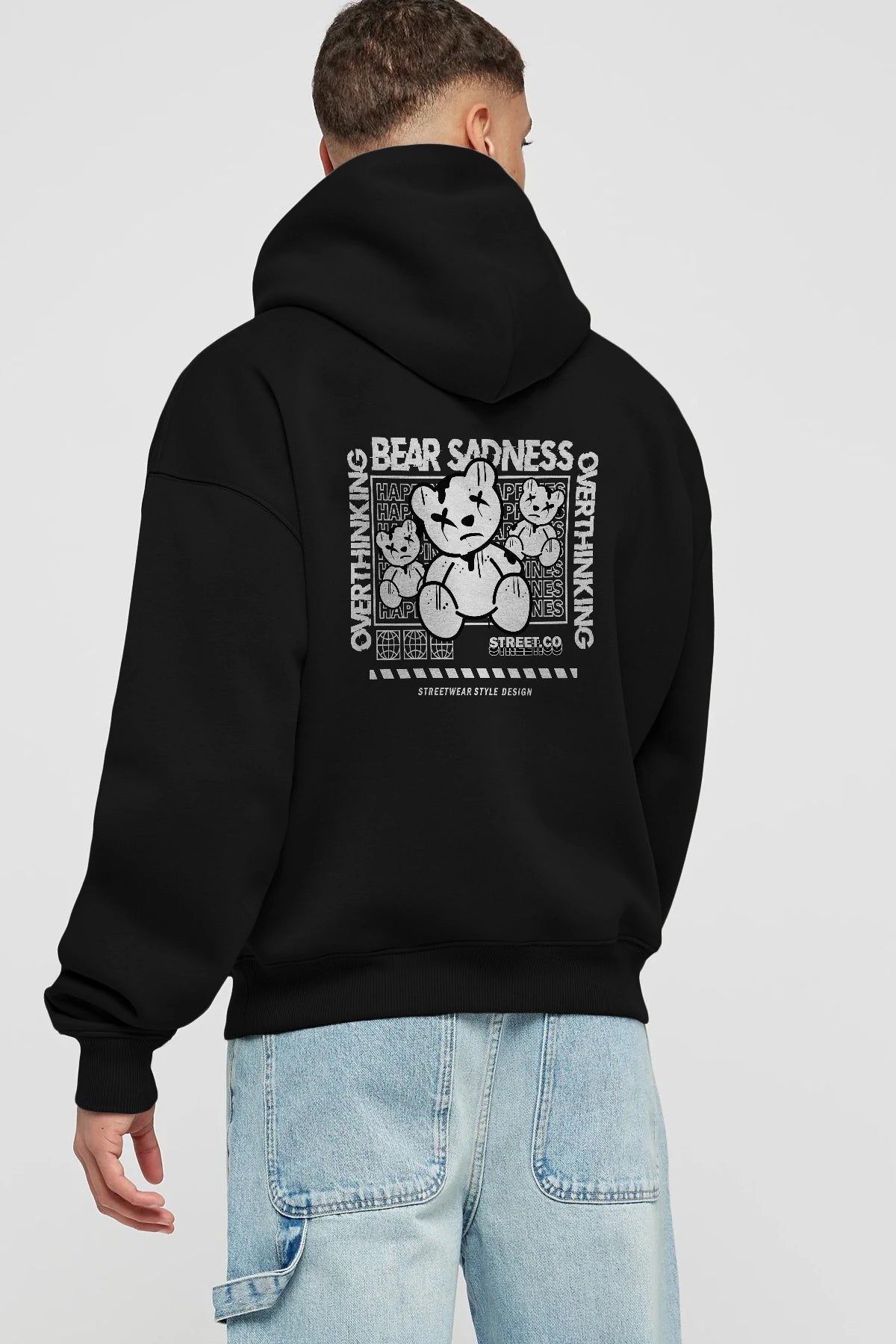 Bear Sadness 2 Arka Baskılı Hoodie Oversize Kapüşonlu Sweatshirt Erkek Kadın Unisex