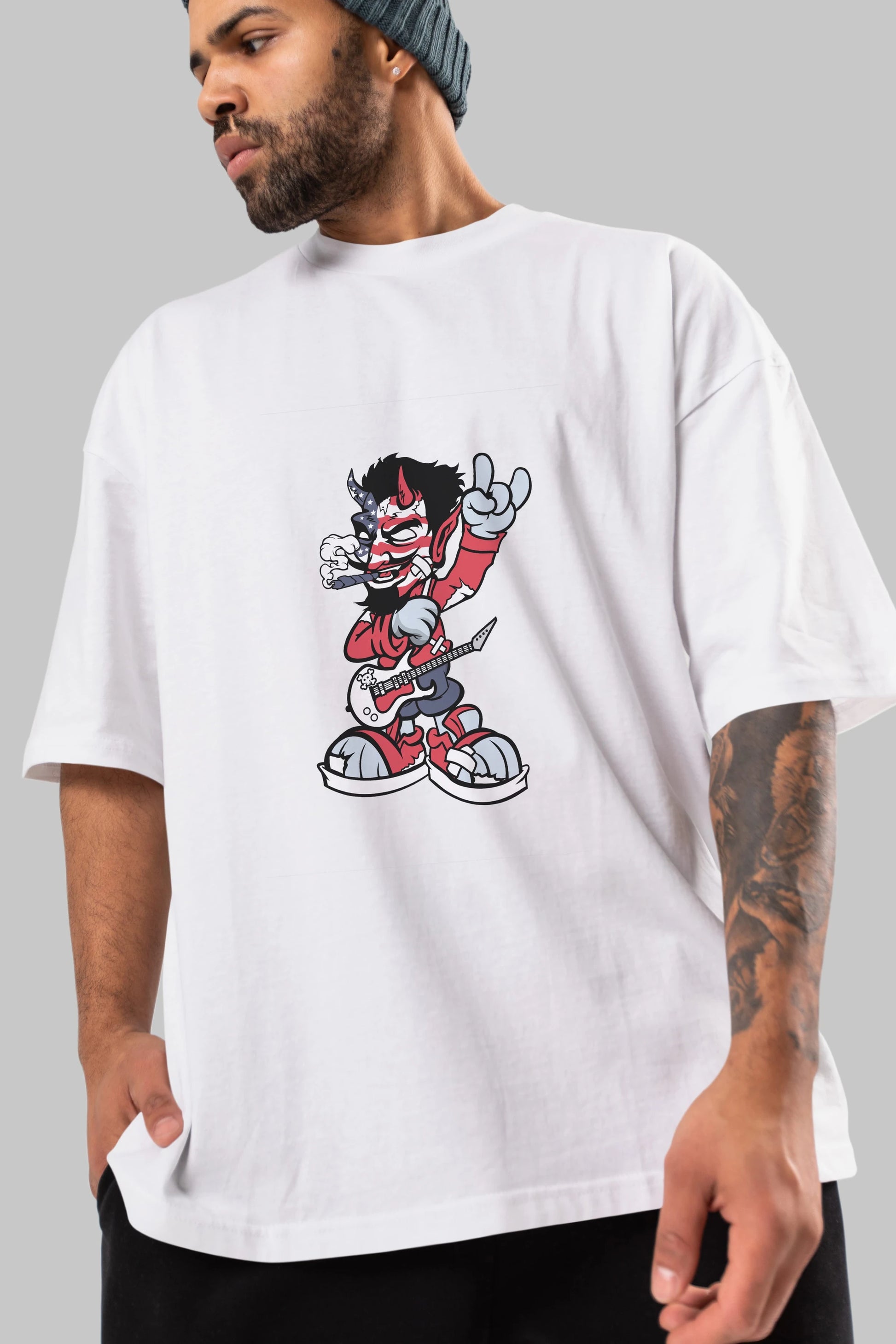 American Devil Rockstar Ön Baskılı Oversize t-shirt Erkek Kadın Unisex %100 Pamuk tişort