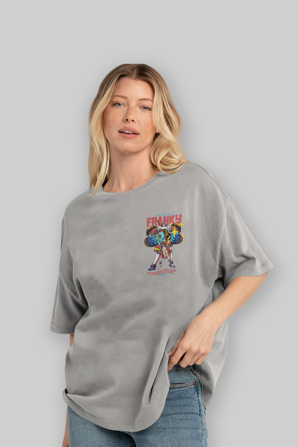 Cyborg Franky Ön Sol Baskılı Oversize t-shirt Erkek Kadın Unisex %100 Pamuk Bisiklet Yaka tişort