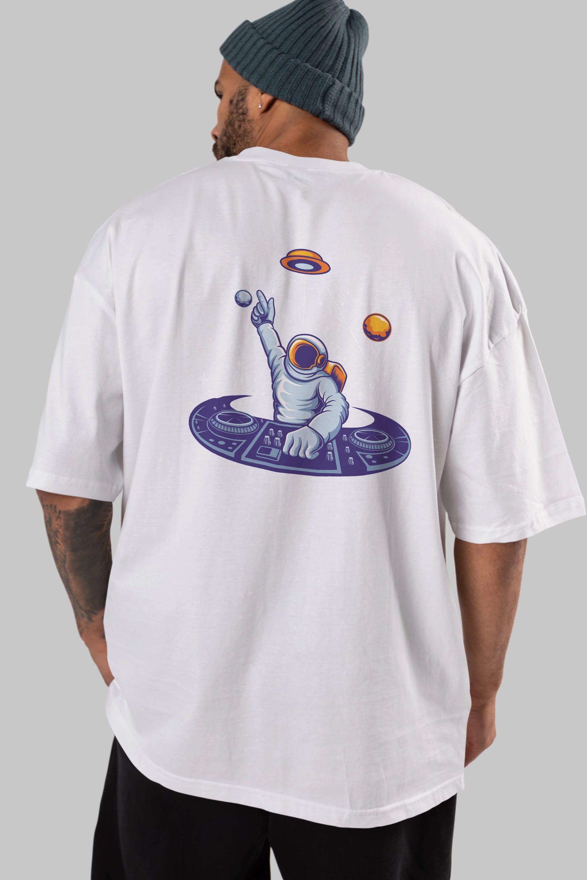 Astronaut Disk Jockey Party Arka Baskılı Oversize t-shirt Erkek Kadın Unisex