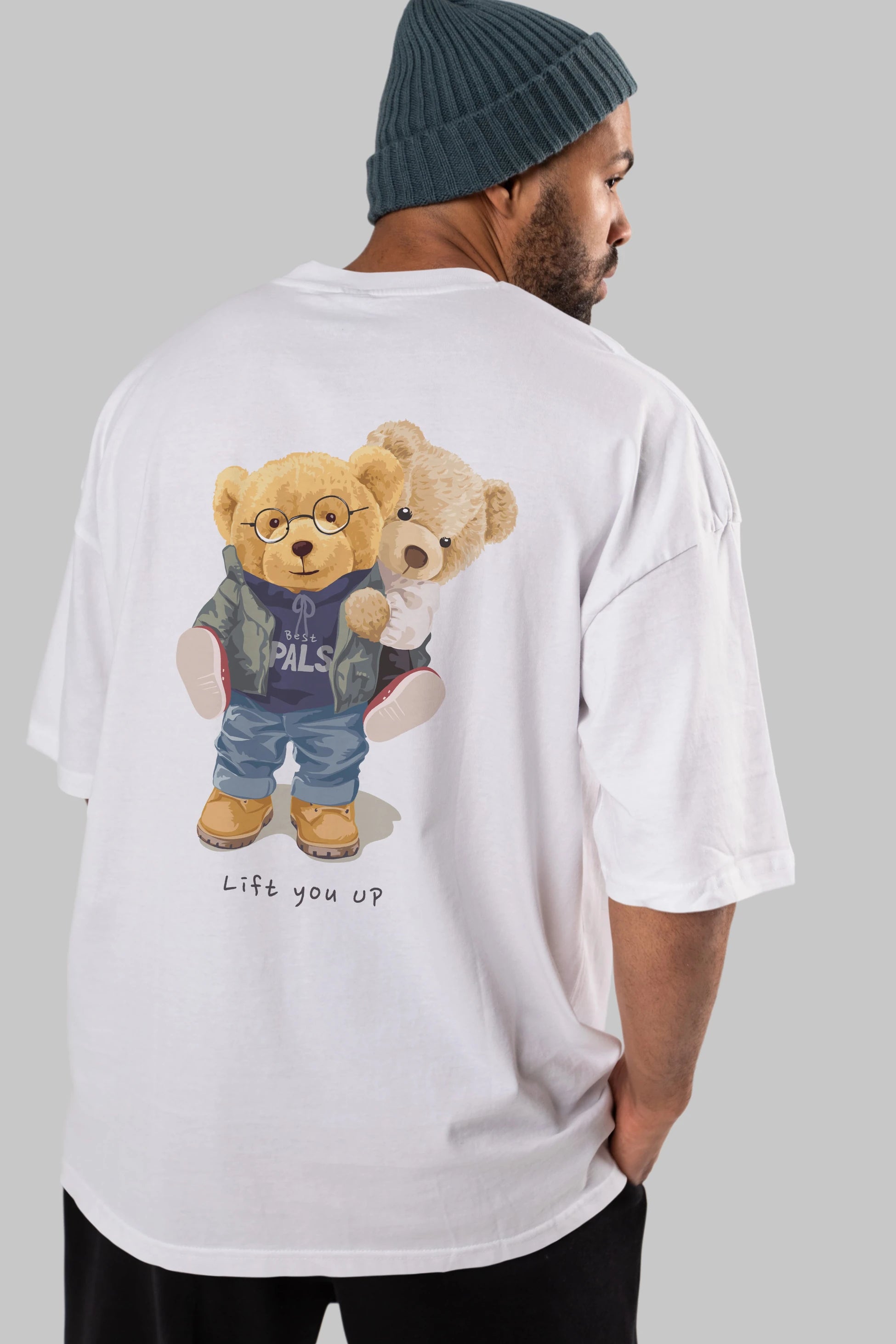 Teddy Bear Lift You Up Arka Baskılı Oversize t-shirt Erkek Kadın Unisex %100 Pamuk