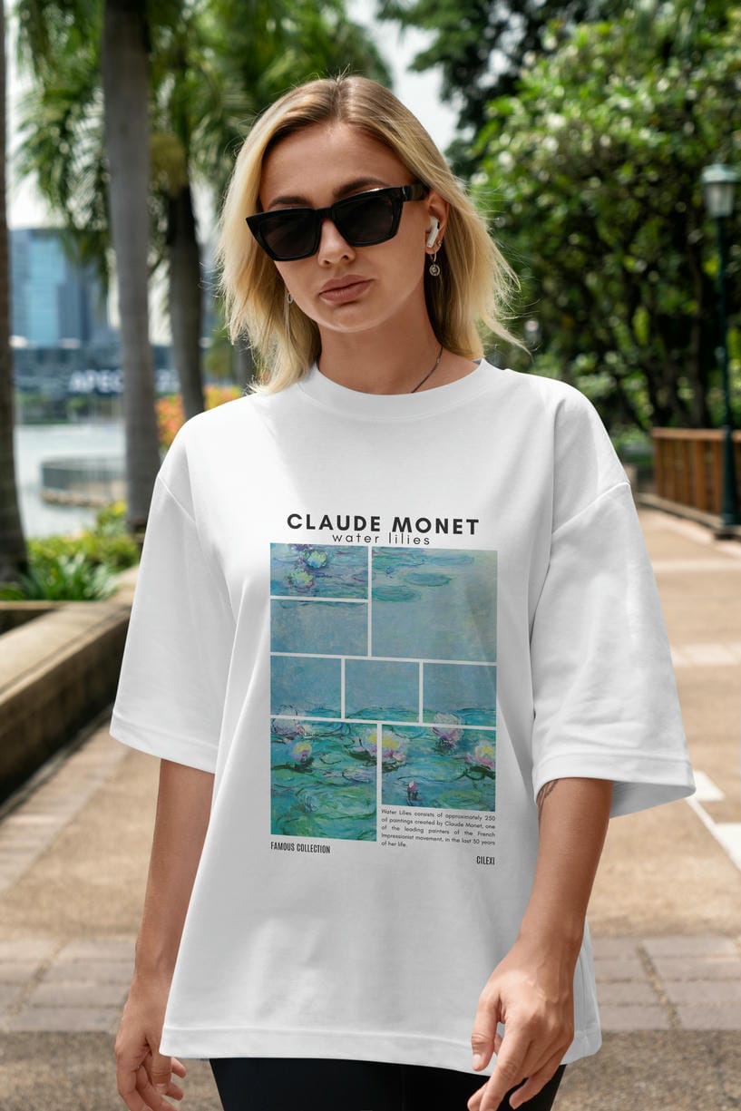 Claude Monet ön Baskılı Oversize t-shirt Erkek Kadın Bisiklet Yaka Pamuk tişort